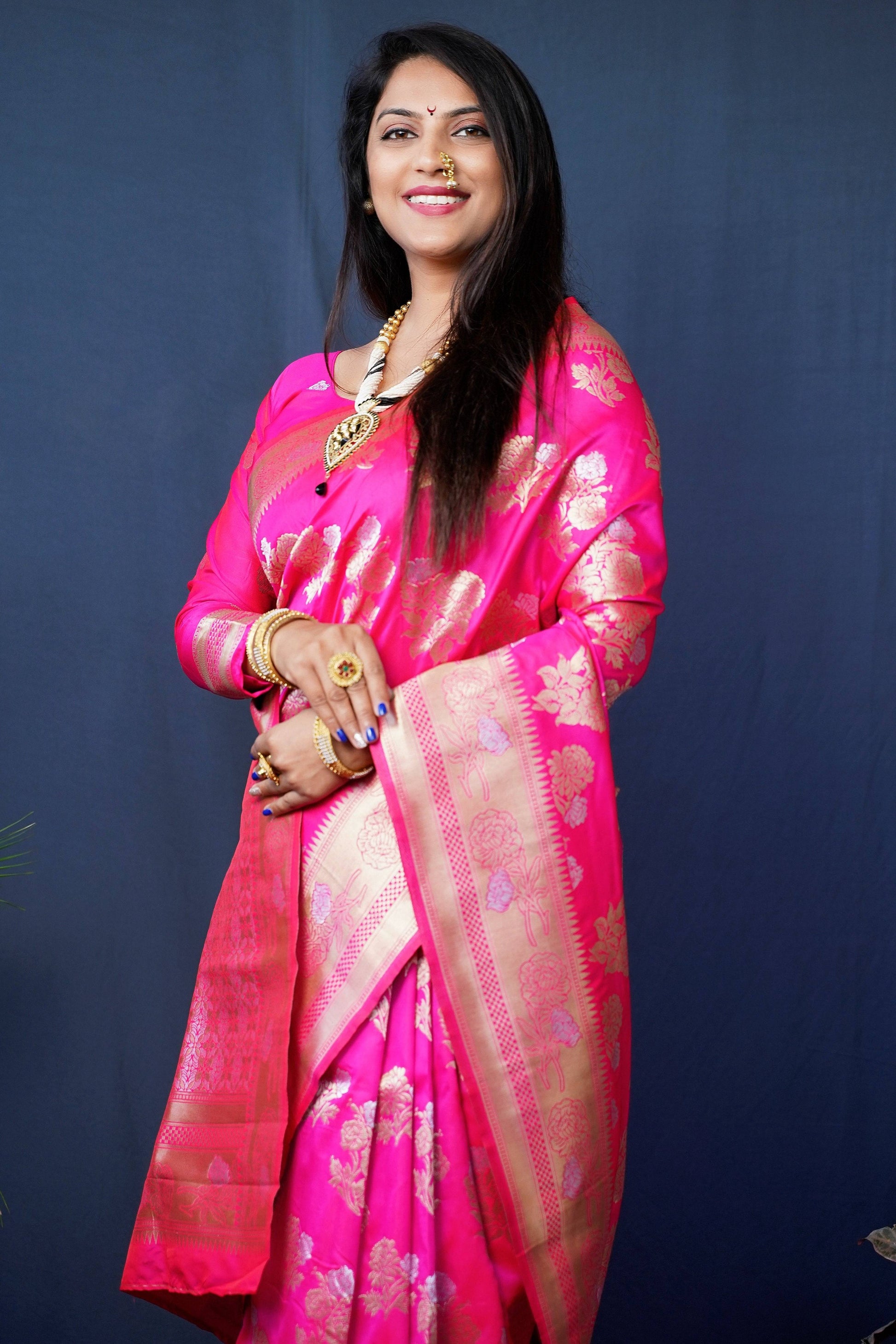 Jyoti Fashion Women's Pink Handloom Banarasi Silk Zari Woven Saree with Blouse | Swadesiicart