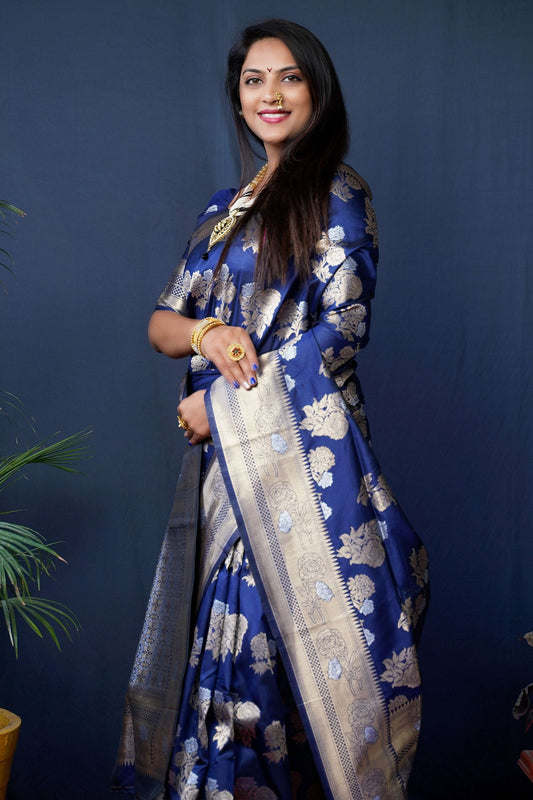 Jyoti Fashion Women's Navy Blue Handloom Banarasi Silk Zari Woven Saree with Blouse | Swadesiicart