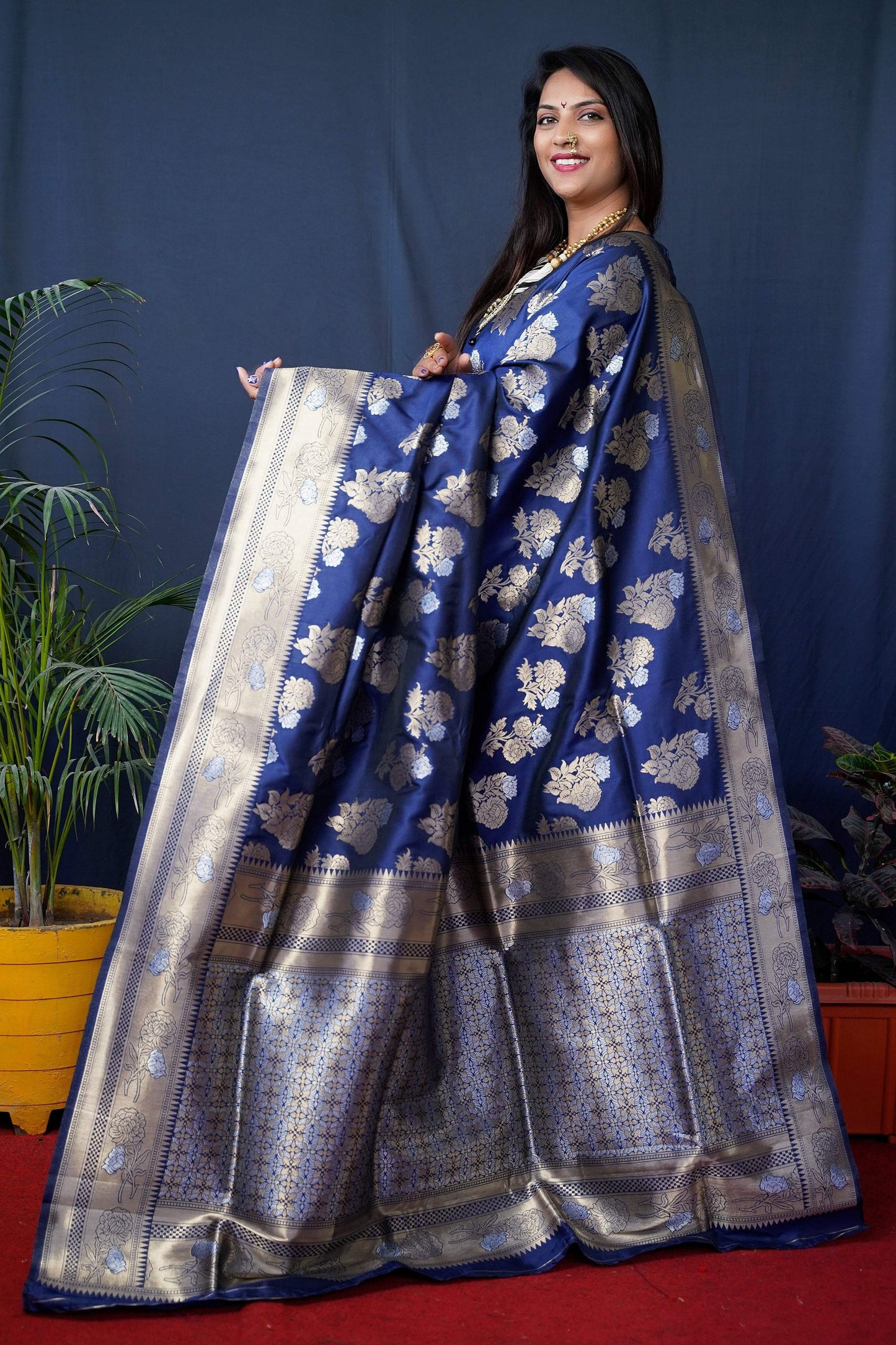 Jyoti Fashion Women's Navy Blue Handloom Banarasi Silk Zari Woven Saree with Blouse | Swadesiicart