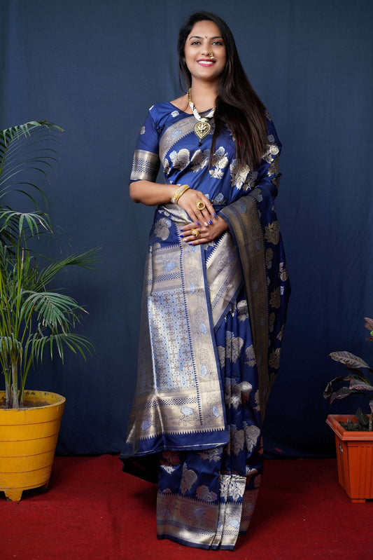 Jyoti Fashion Women's Navy Blue Handloom Banarasi Silk Zari Woven Saree with Blouse | Swadesiicart