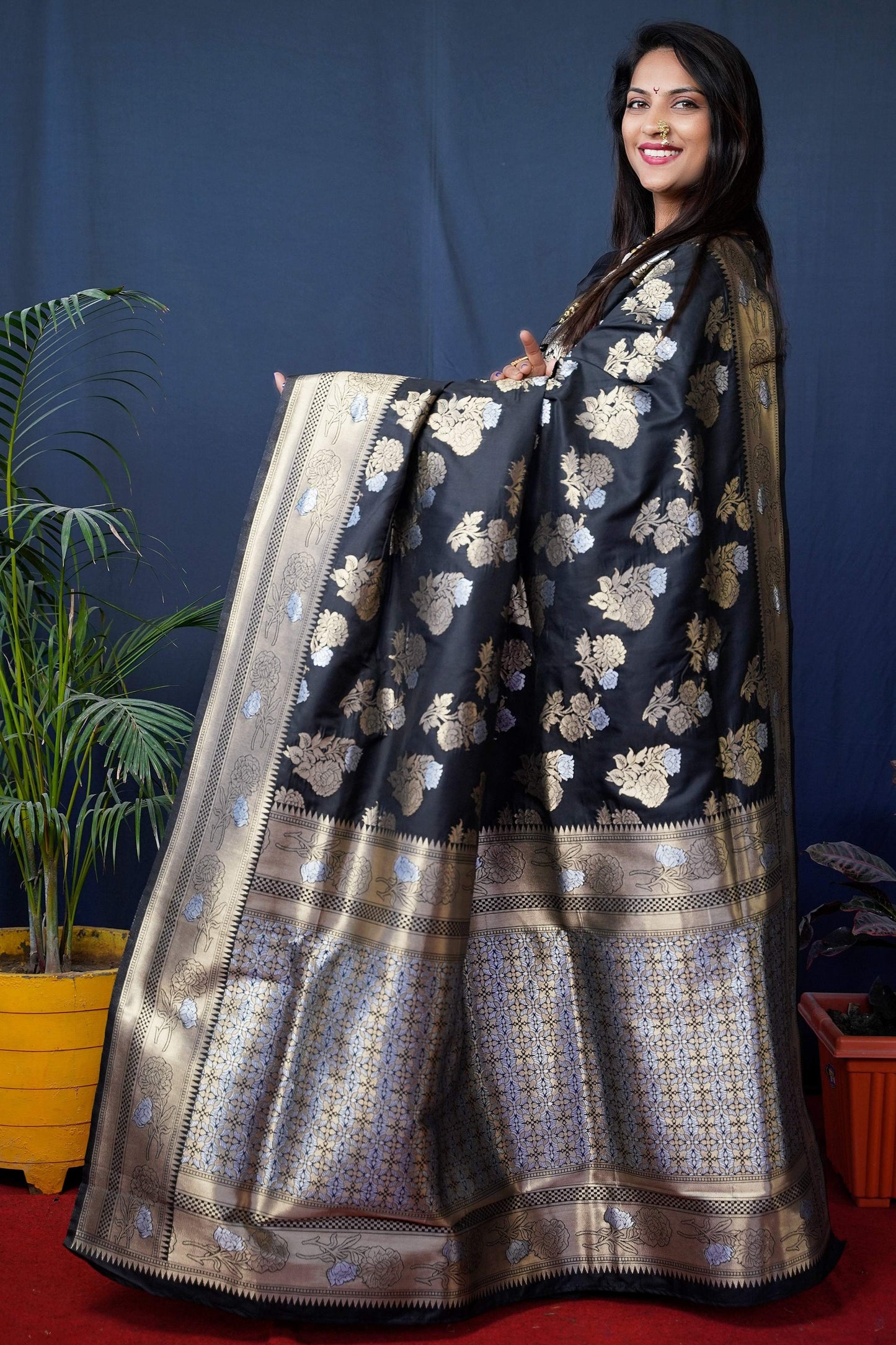Jyoti Fashion Women's Black Handloom Banarasi Silk Zari Woven Saree with Blouse | Swadesiicart