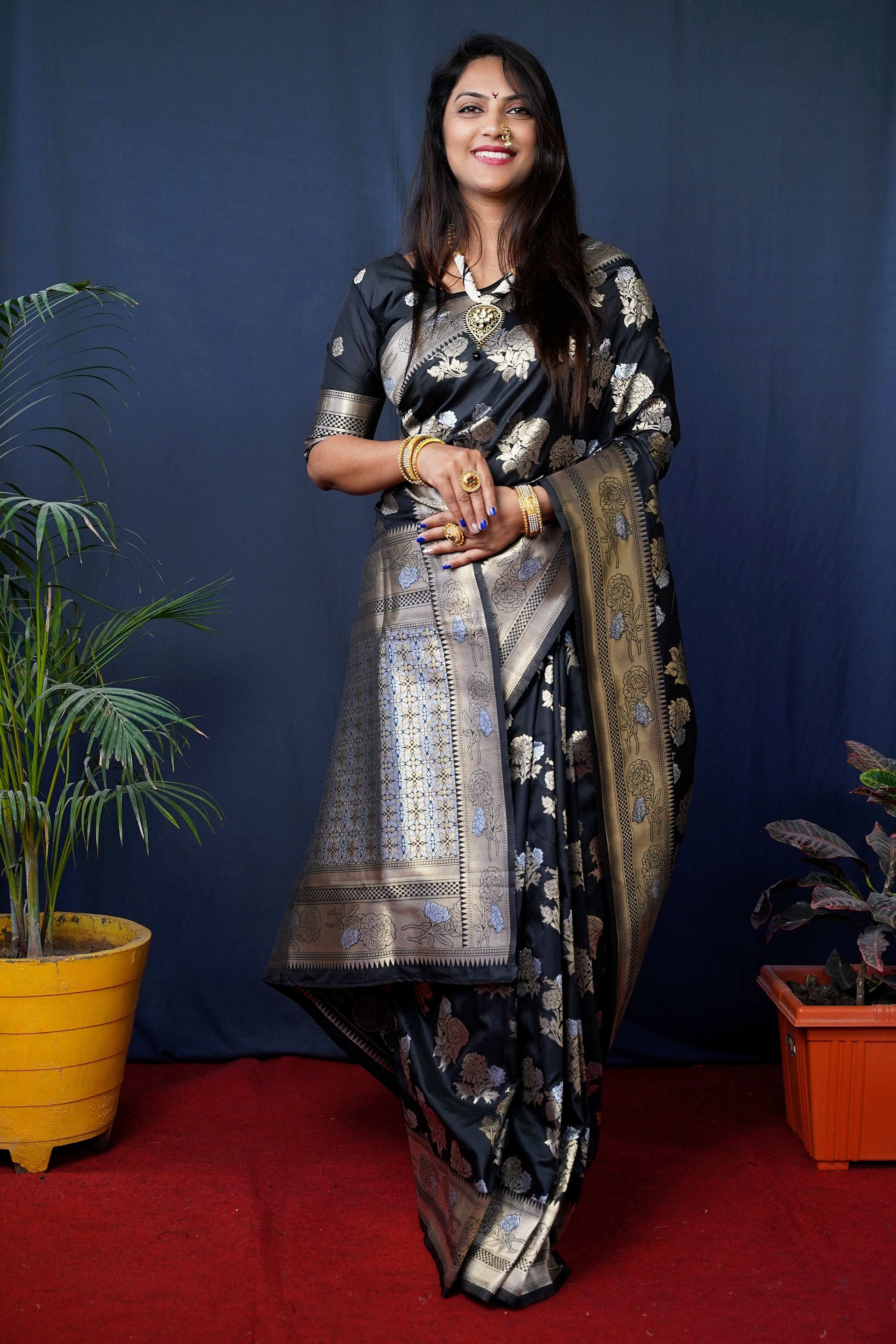 Jyoti Fashion Women's Black Handloom Banarasi Silk Zari Woven Saree with Blouse | Swadesiicart