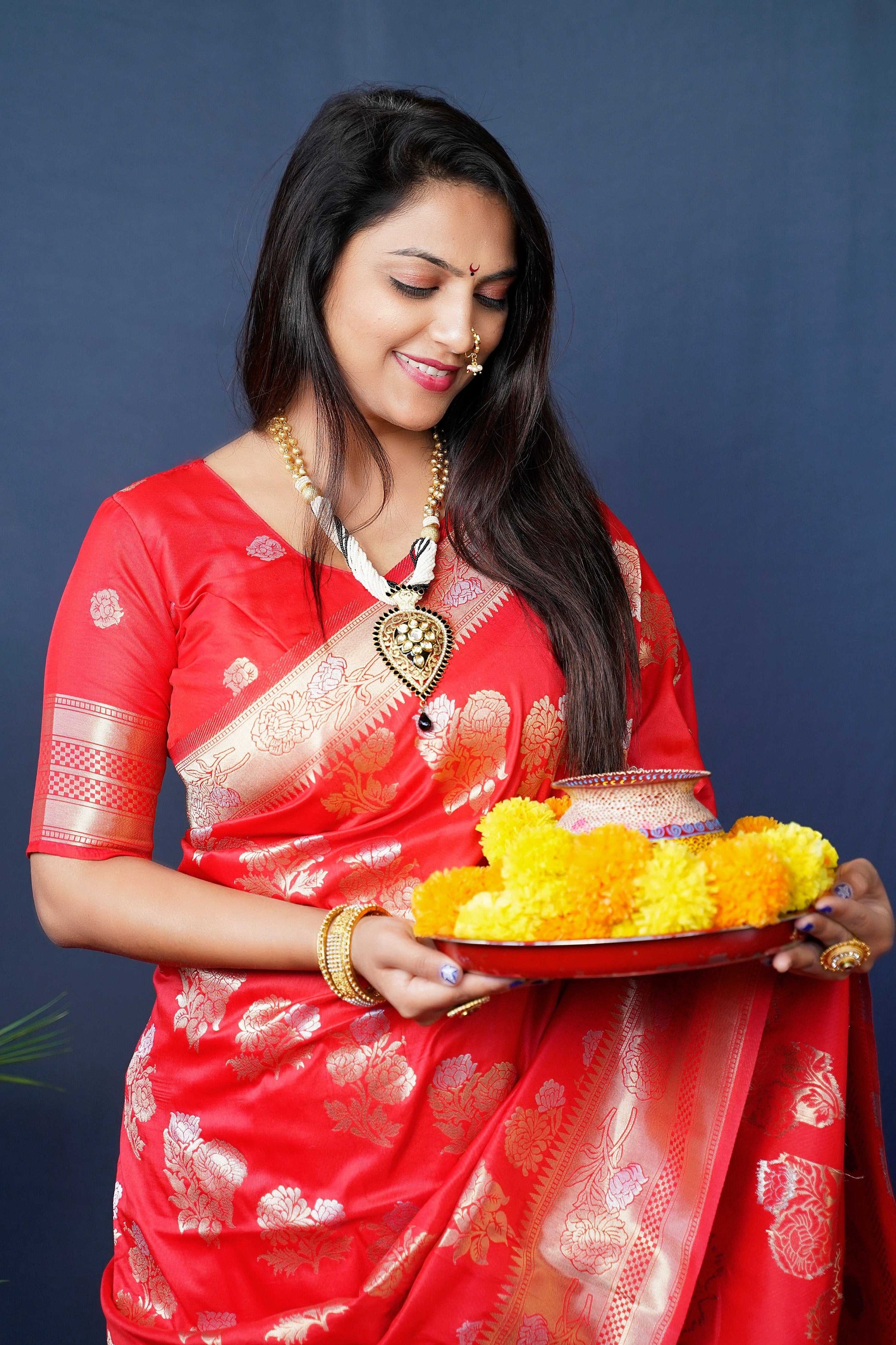 Jyoti Fashion Women's Red Handloom Banarasi Silk Zari Woven Saree with Blouse | Swadesiicart