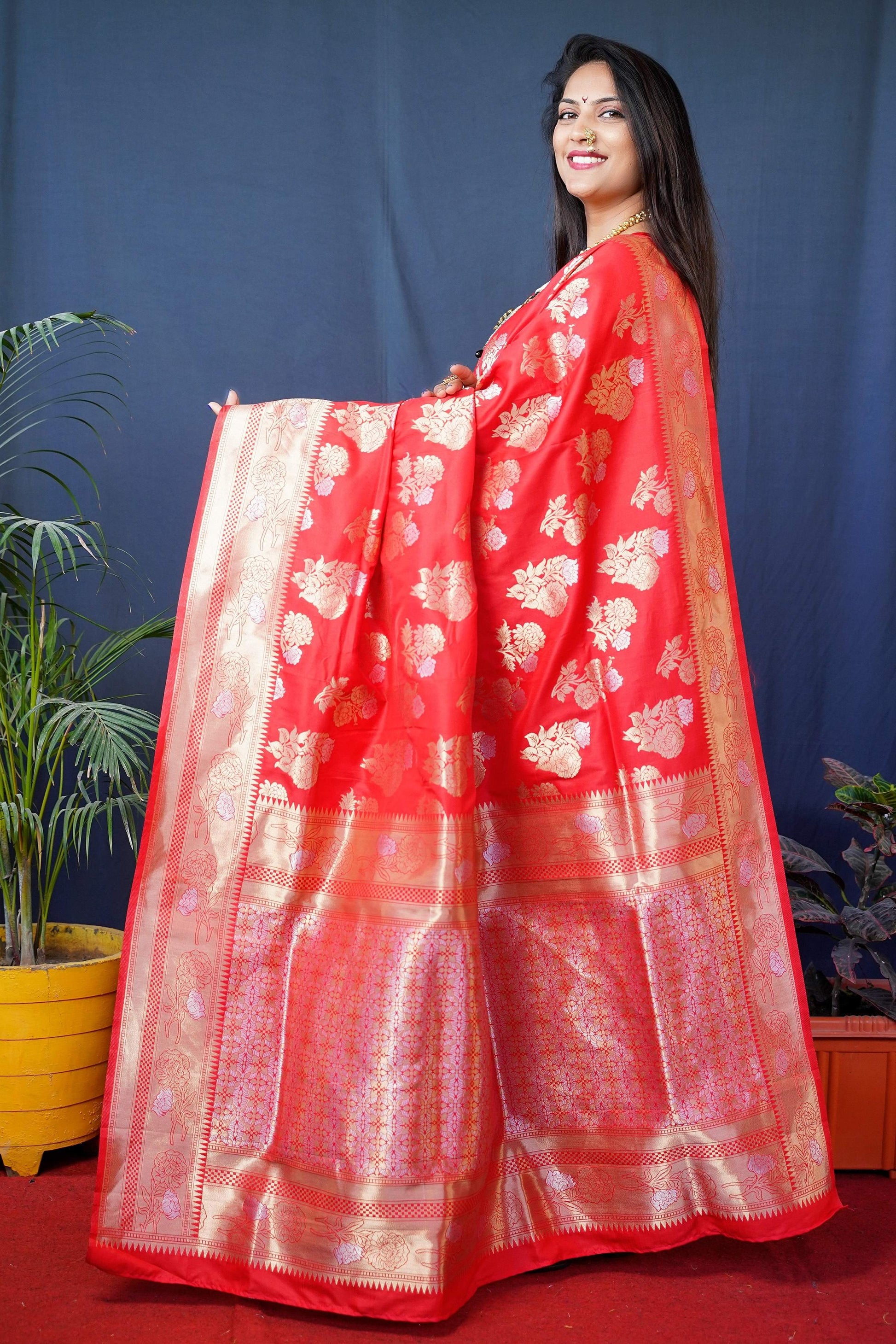 Jyoti Fashion Women's Red Handloom Banarasi Silk Zari Woven Saree with Blouse | Swadesiicart