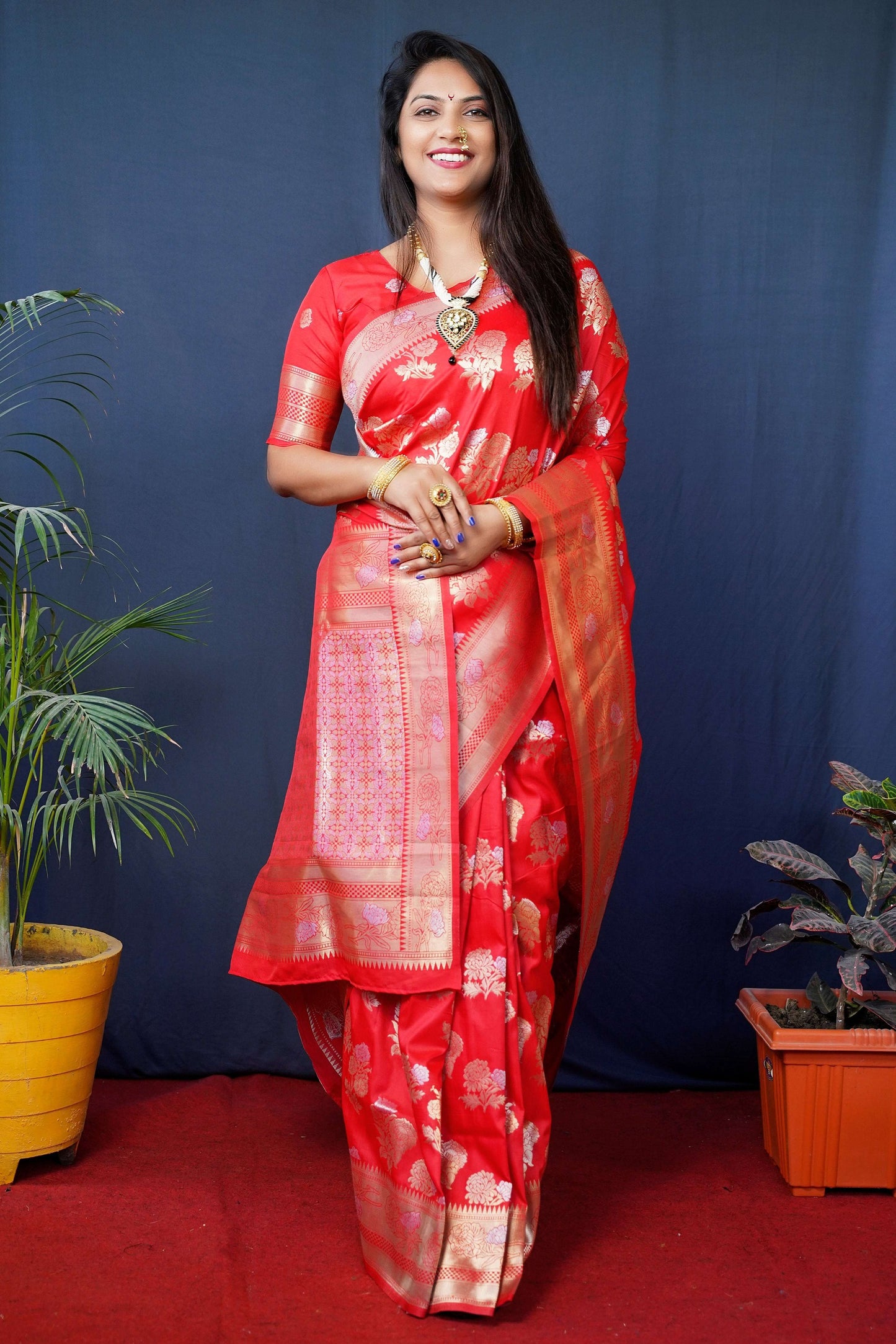 Jyoti Fashion Women's Red Handloom Banarasi Silk Zari Woven Saree with Blouse | Swadesiicart