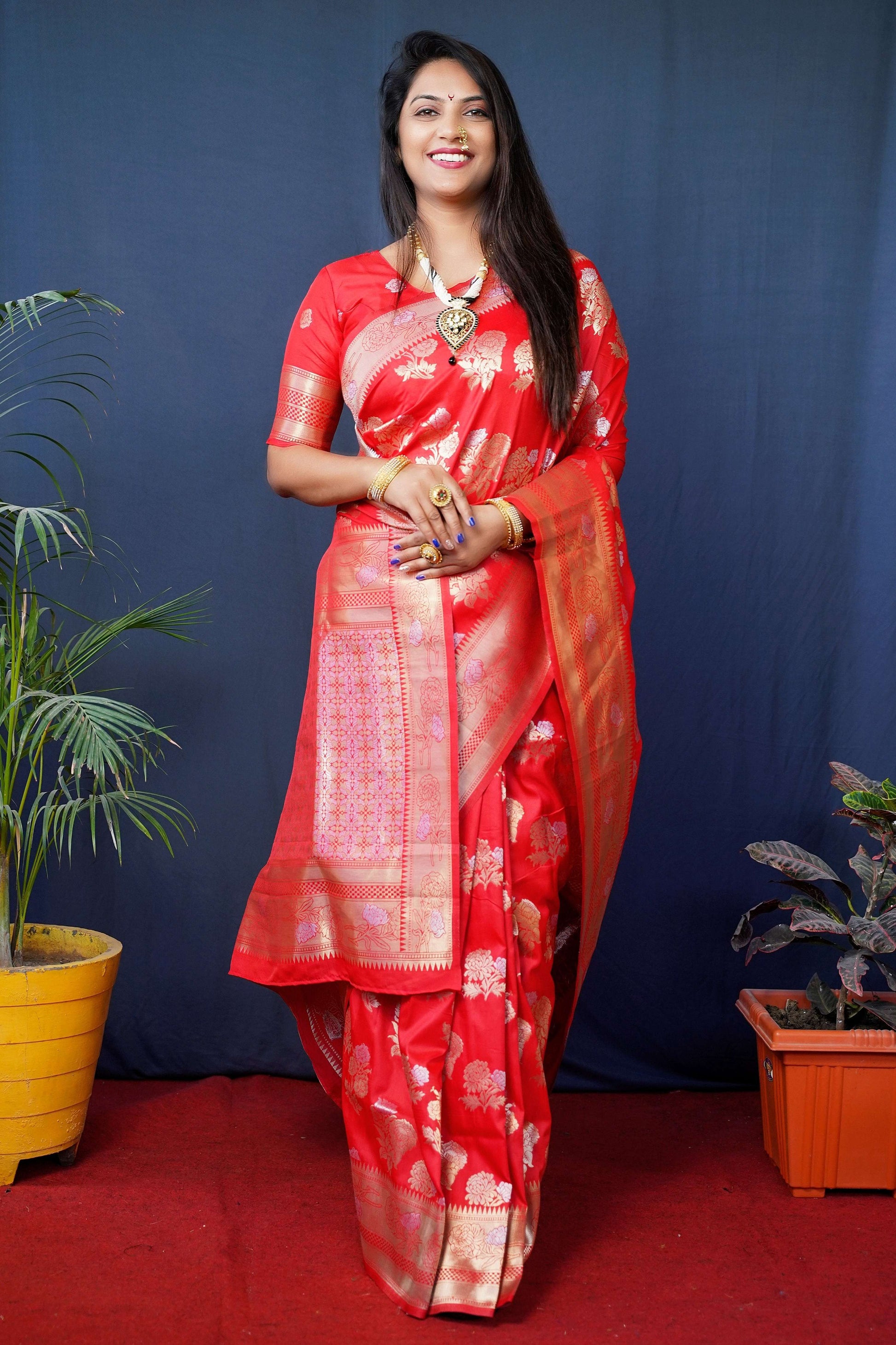 Jyoti Fashion Women's Red Handloom Banarasi Silk Zari Woven Saree with Blouse | Swadesiicart