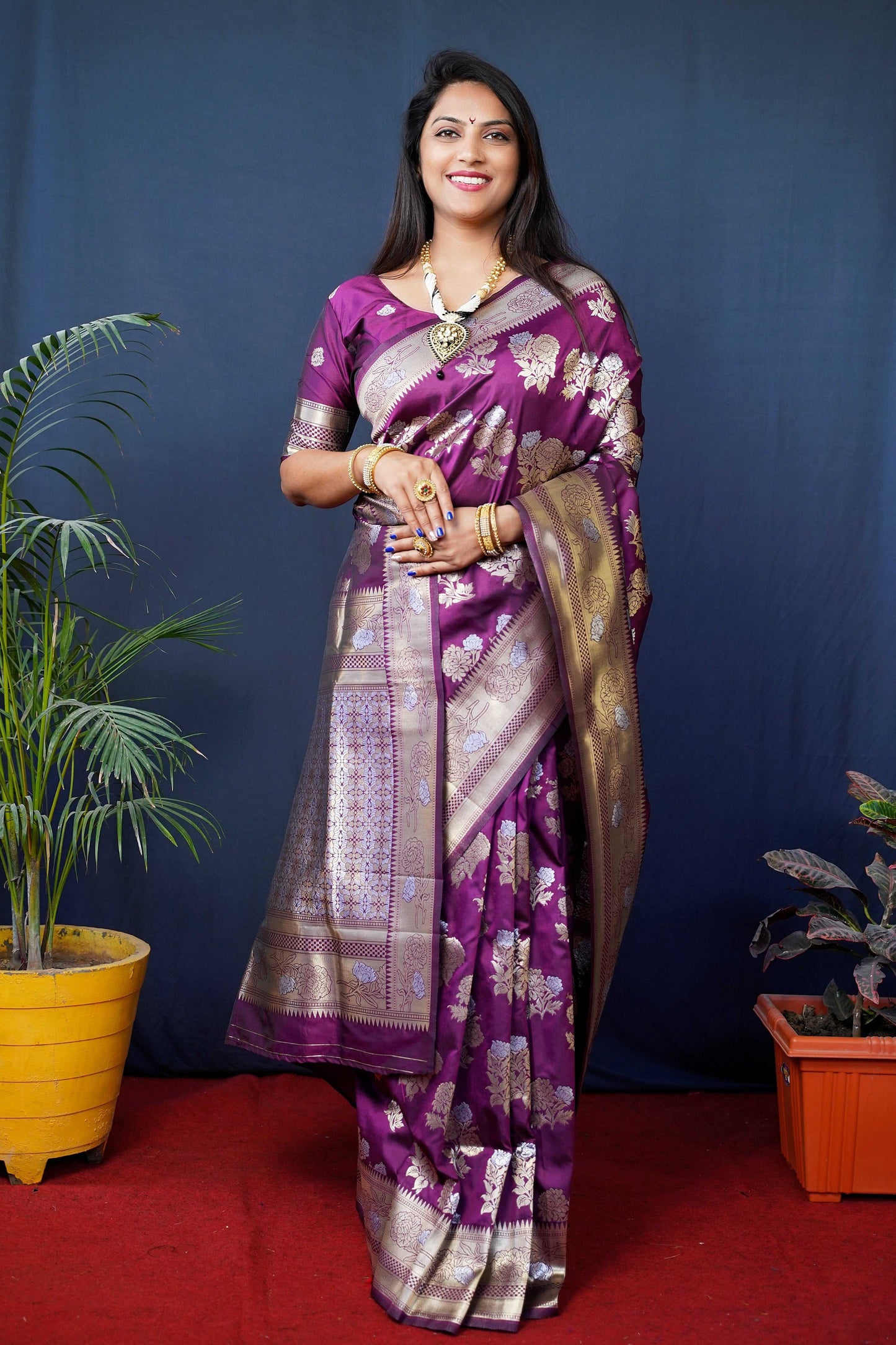 Jyoti Fashion Women's Wine Handloom Banarasi Silk Zari Woven Saree with Blouse | Swadesiicart
