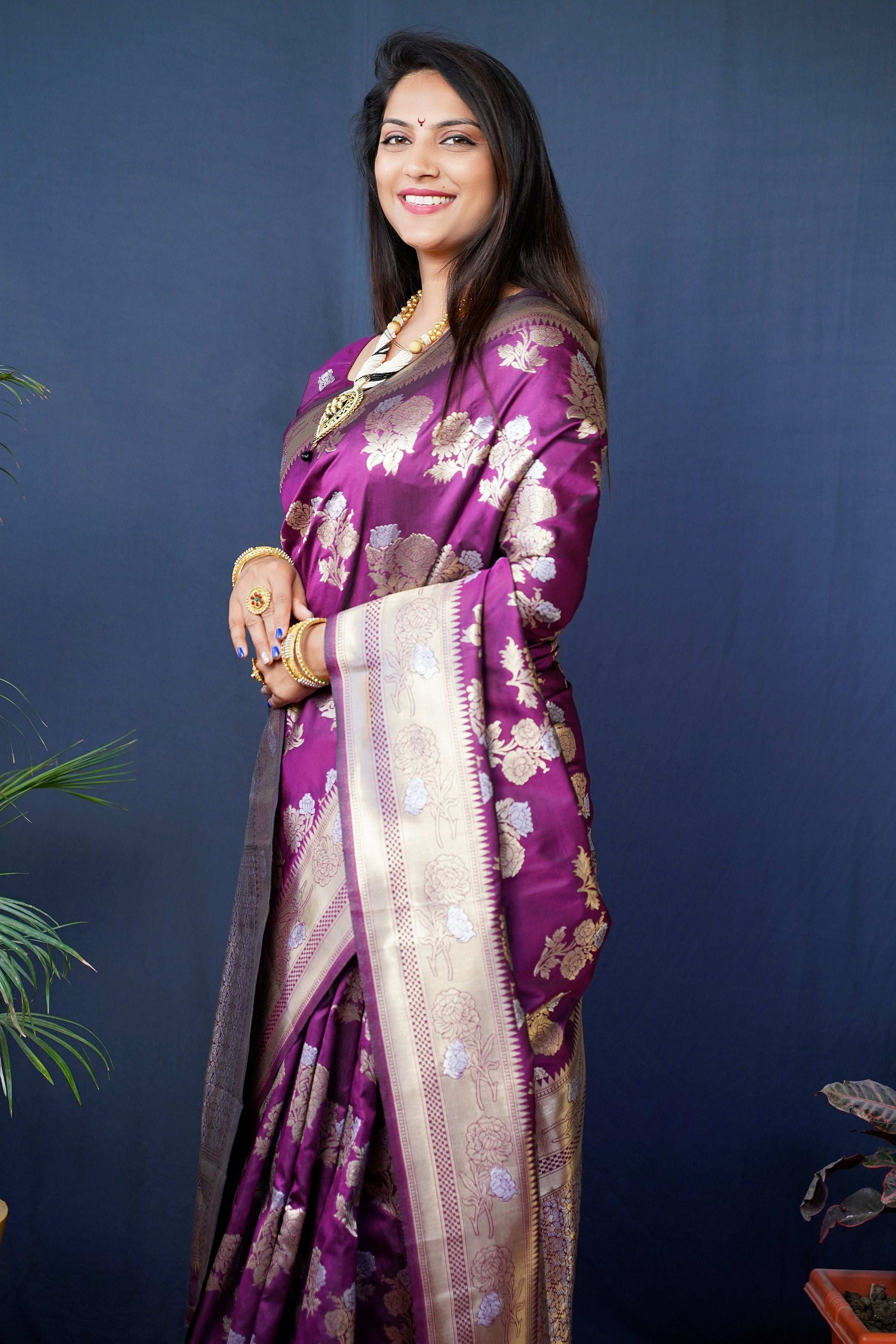 Jyoti Fashion Women's Wine Handloom Banarasi Silk Zari Woven Saree with Blouse | Swadesiicart
