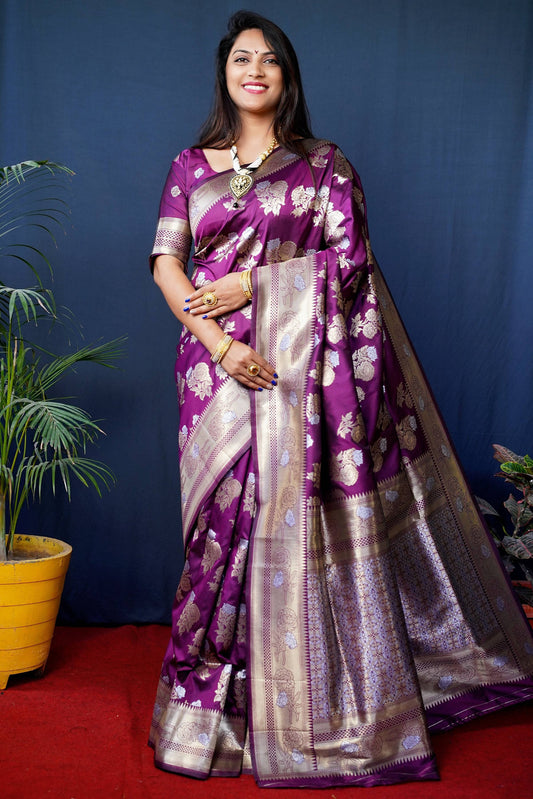 Jyoti Fashion Women's Wine Handloom Banarasi Silk Zari Woven Saree with Blouse | Swadesiicart