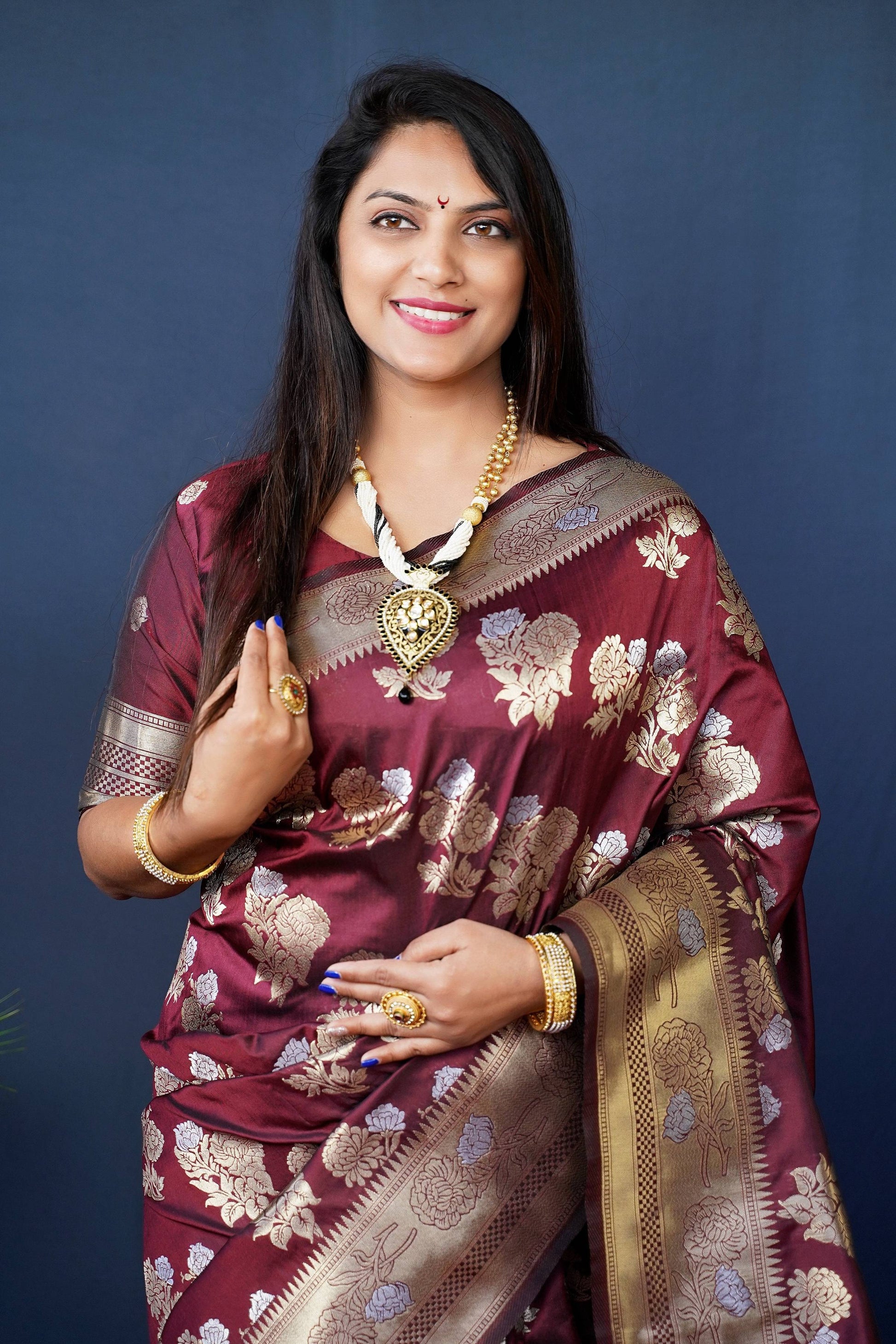 Jyoti Fashion Women's Maroon Handloom Banarasi Silk Zari Woven Saree with Blouse | Swadesiicart