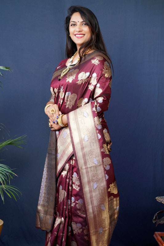 Jyoti Fashion Women's Maroon Handloom Banarasi Silk Zari Woven Saree with Blouse | Swadesiicart