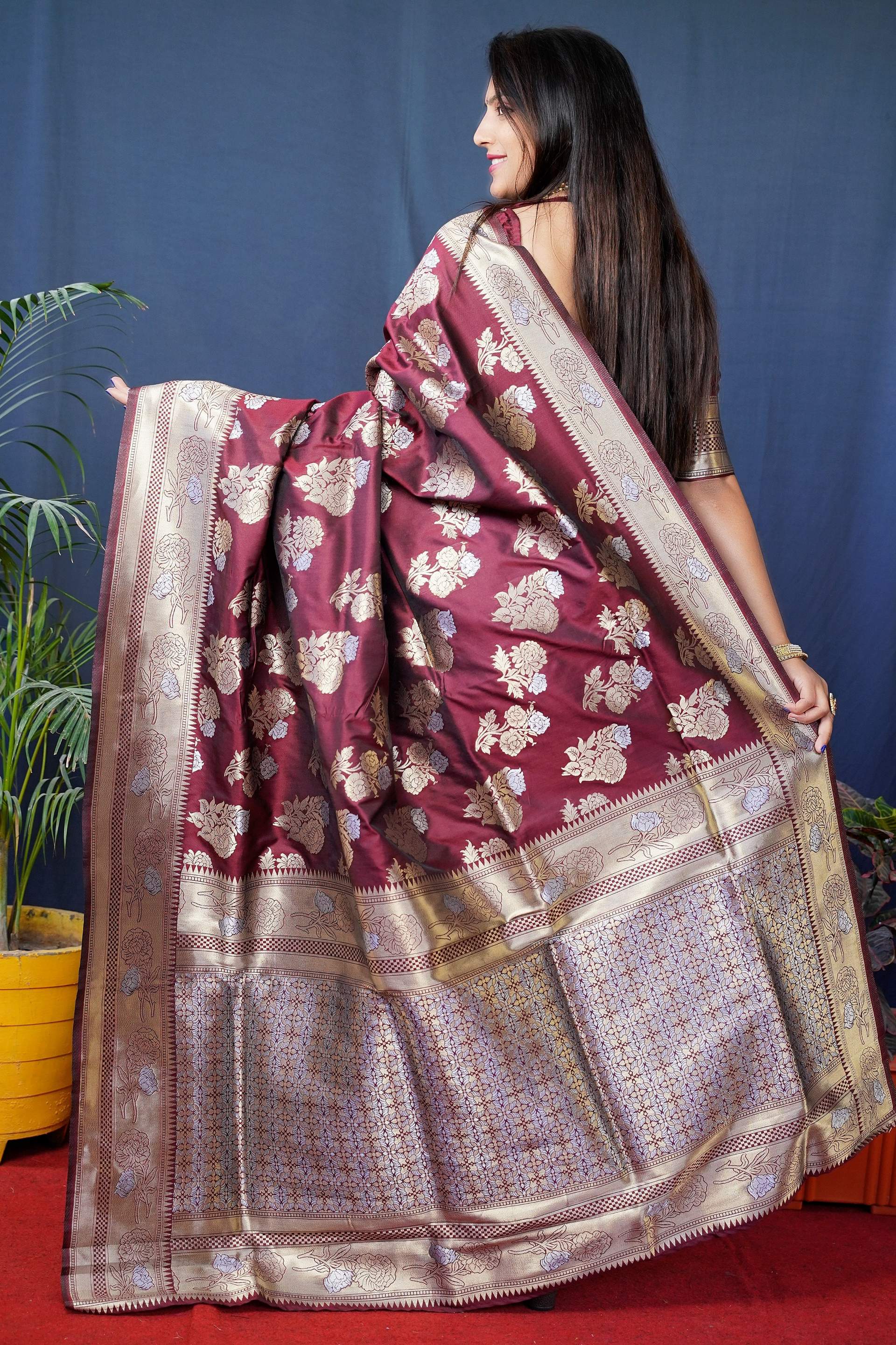 Jyoti Fashion Women's Maroon Handloom Banarasi Silk Zari Woven Saree with Blouse | Swadesiicart