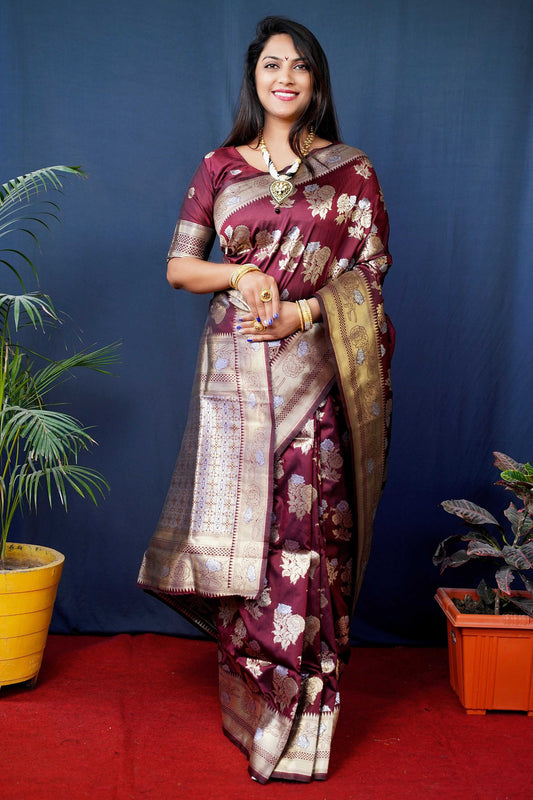 Jyoti Fashion Women's Maroon Handloom Banarasi Silk Zari Woven Saree with Blouse | Swadesiicart