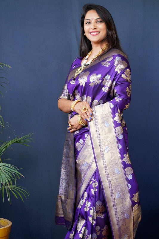 Jyoti Fashion Women's Purple Handloom Banarasi Silk Zari Woven Saree with Blouse | Swadesiicart