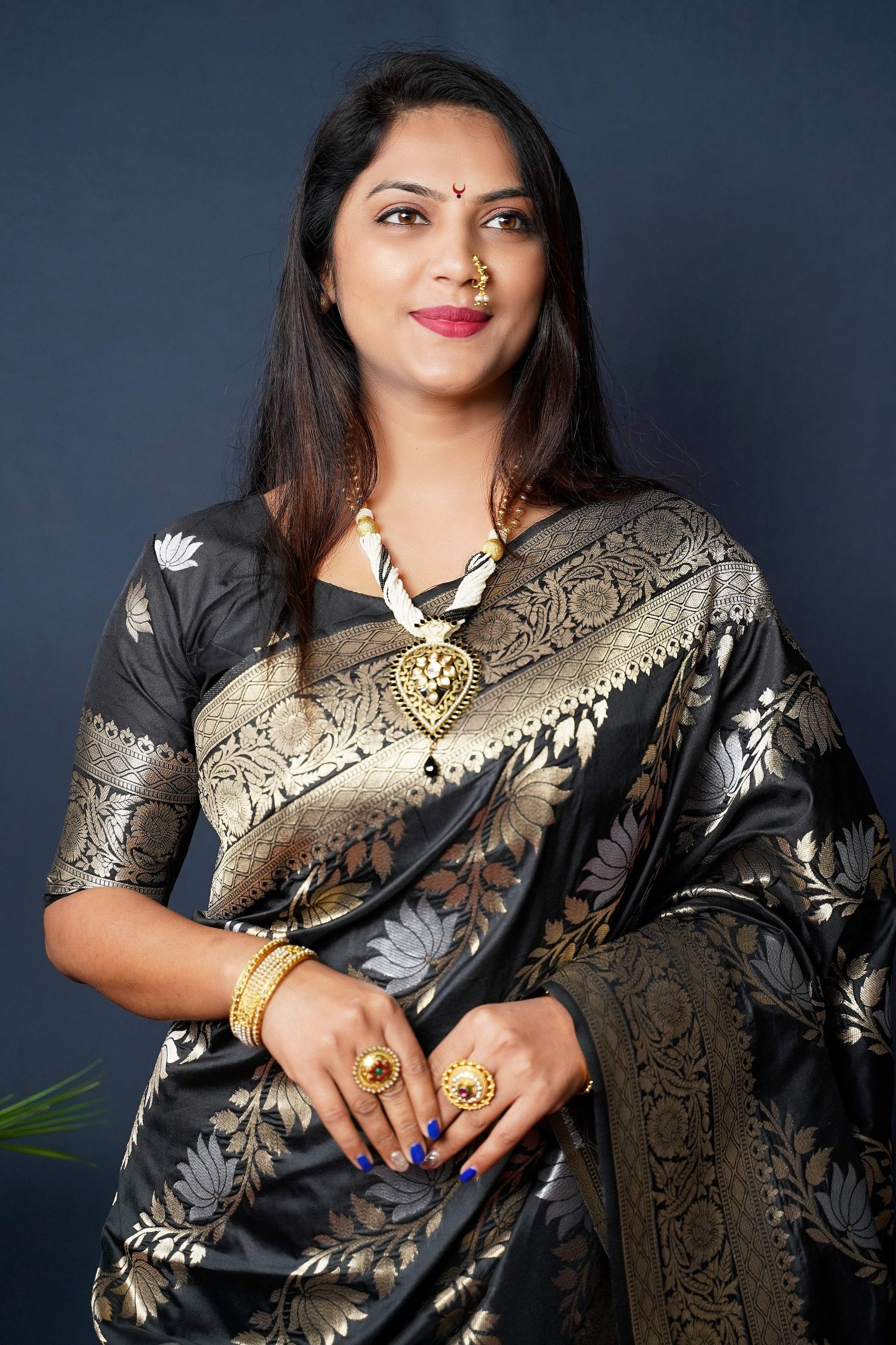 Jyoti Fashion Women's Black Handloom Banarasi Silk Zari Woven Saree with Blouse | Swadesiicart