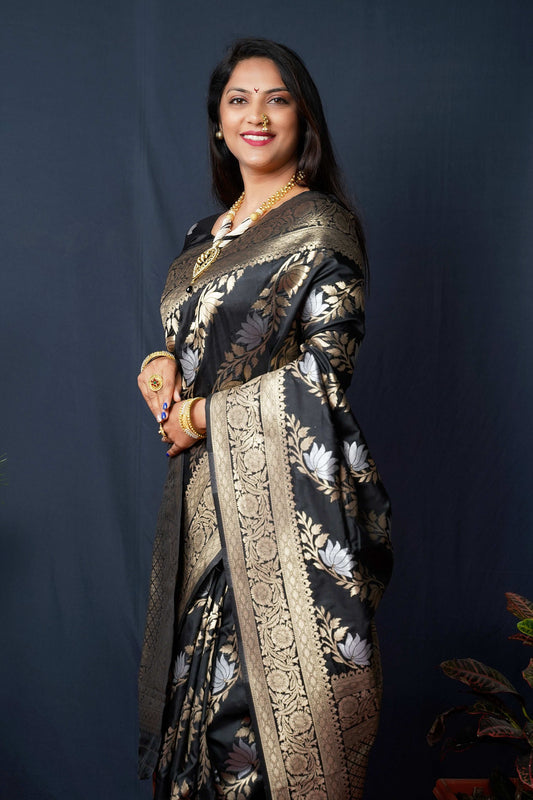 Jyoti Fashion Women's Black Handloom Banarasi Silk Zari Woven Saree with Blouse | Swadesiicart