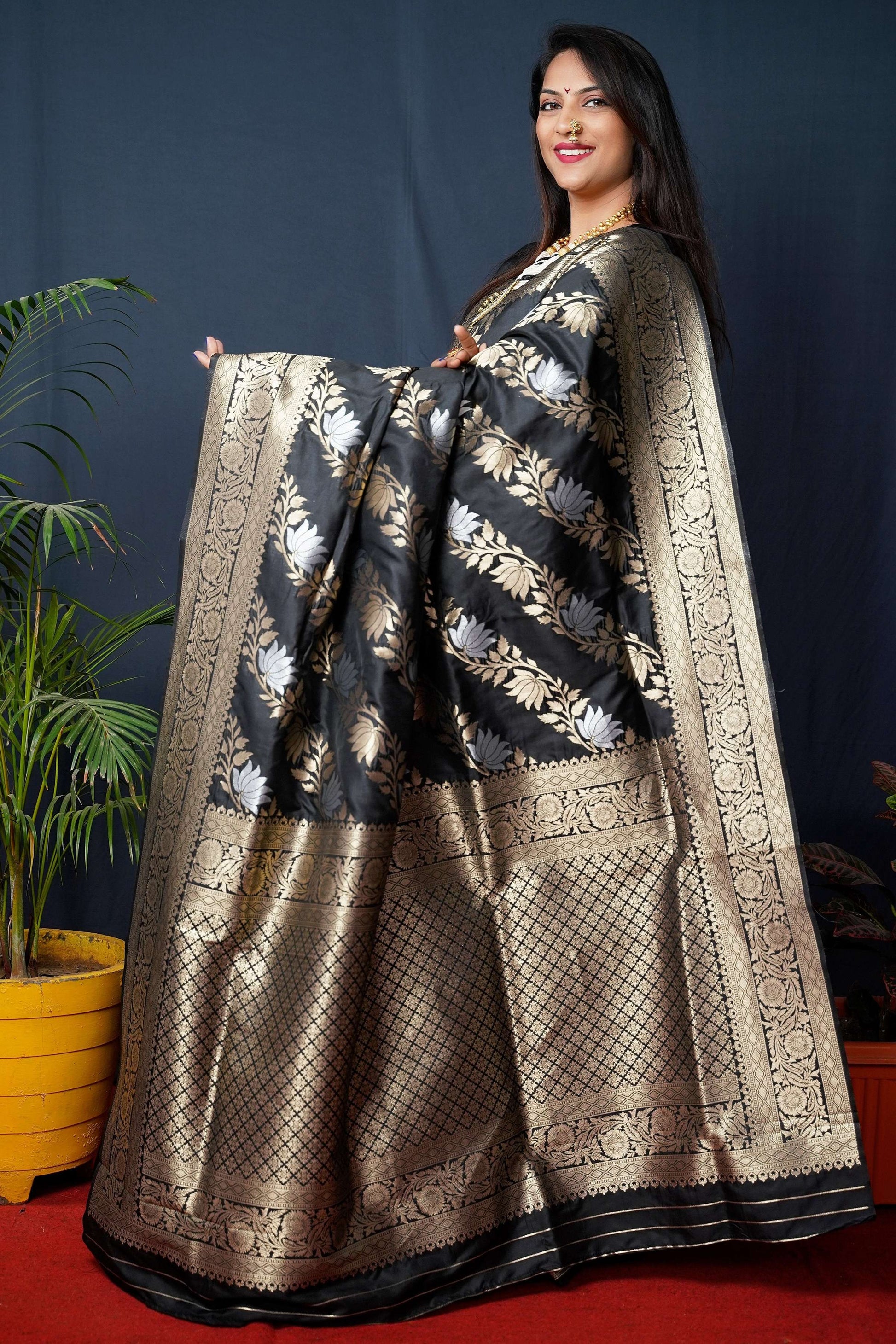 Jyoti Fashion Women's Black Handloom Banarasi Silk Zari Woven Saree with Blouse | Swadesiicart