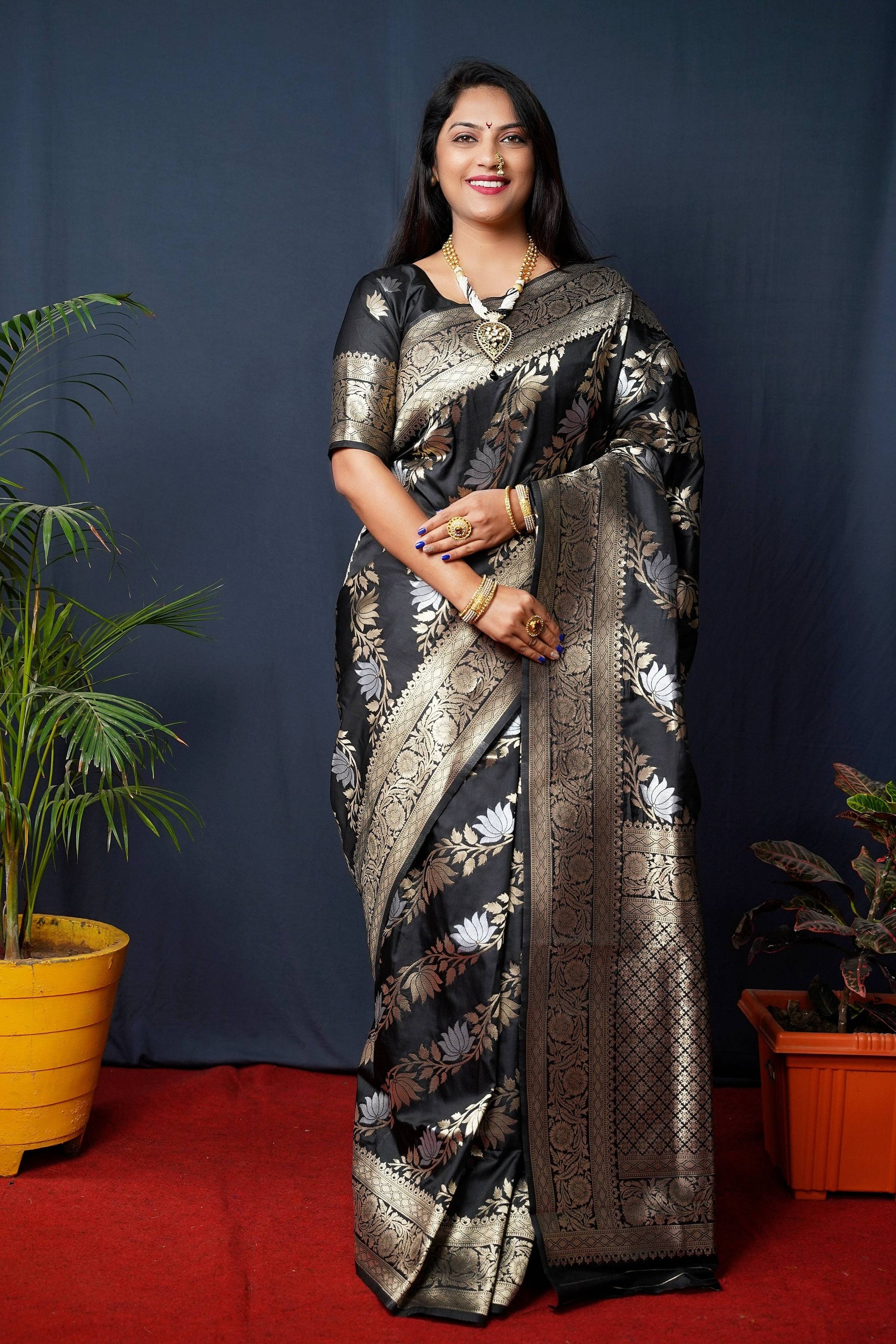 Jyoti Fashion Women's Black Handloom Banarasi Silk Zari Woven Saree with Blouse | Swadesiicart