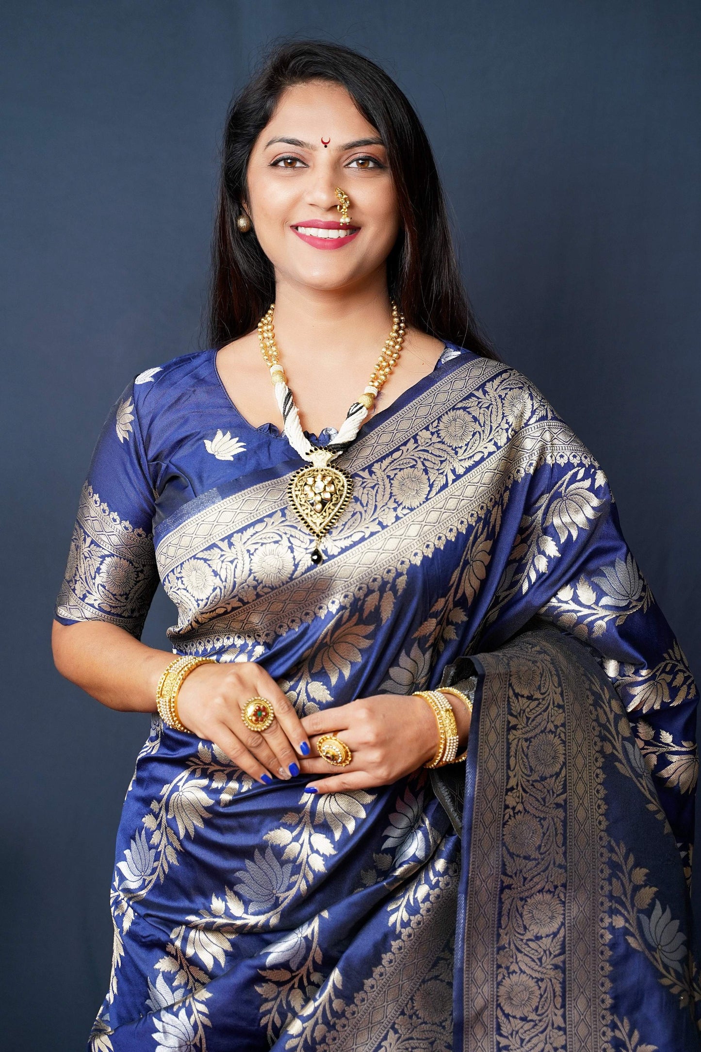 Jyoti Fashion Women's Navy Blue Handloom Banarasi Silk Zari Woven Saree with Blouse | Swadesiicart