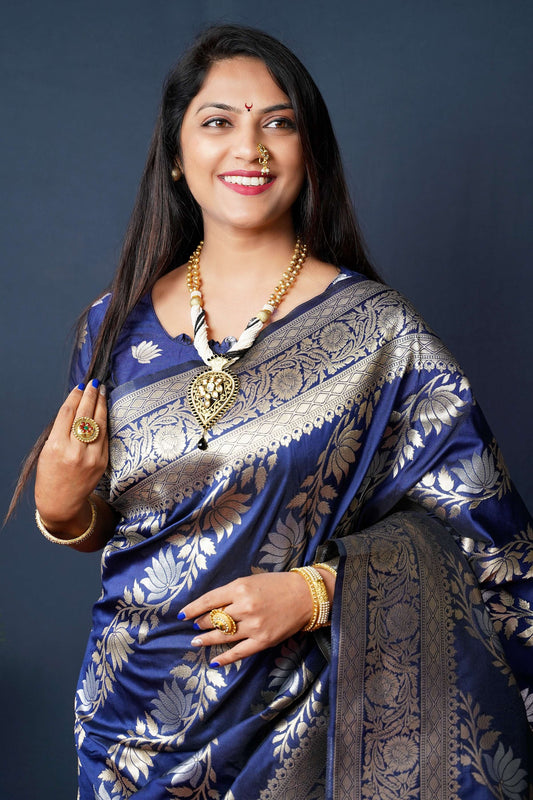 Jyoti Fashion Women's Navy Blue Handloom Banarasi Silk Zari Woven Saree with Blouse | Swadesiicart
