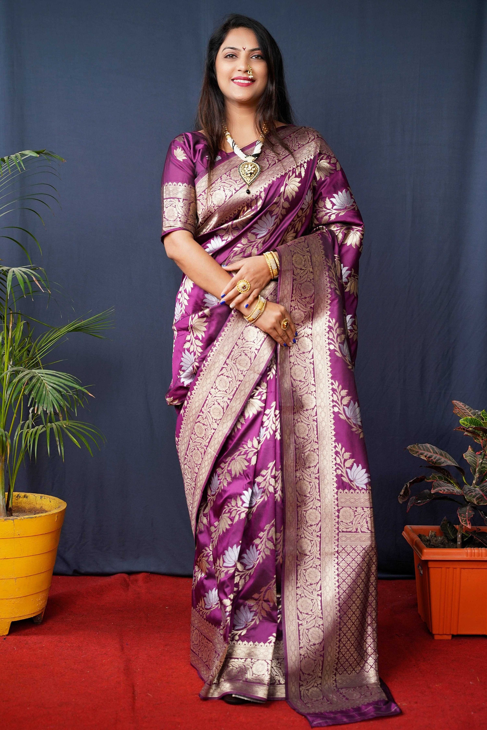 Jyoti Fashion Women's Wine Handloom Banarasi Silk Zari Woven Saree with Blouse | Swadesiicart