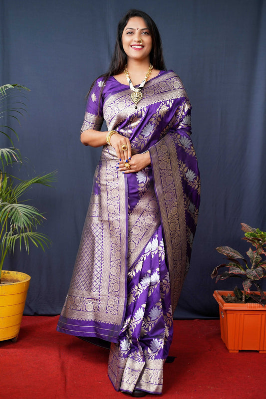 Jyoti Fashion Women's Purple Handloom Banarasi Silk Zari Woven Saree with Blouse | Swadesiicart