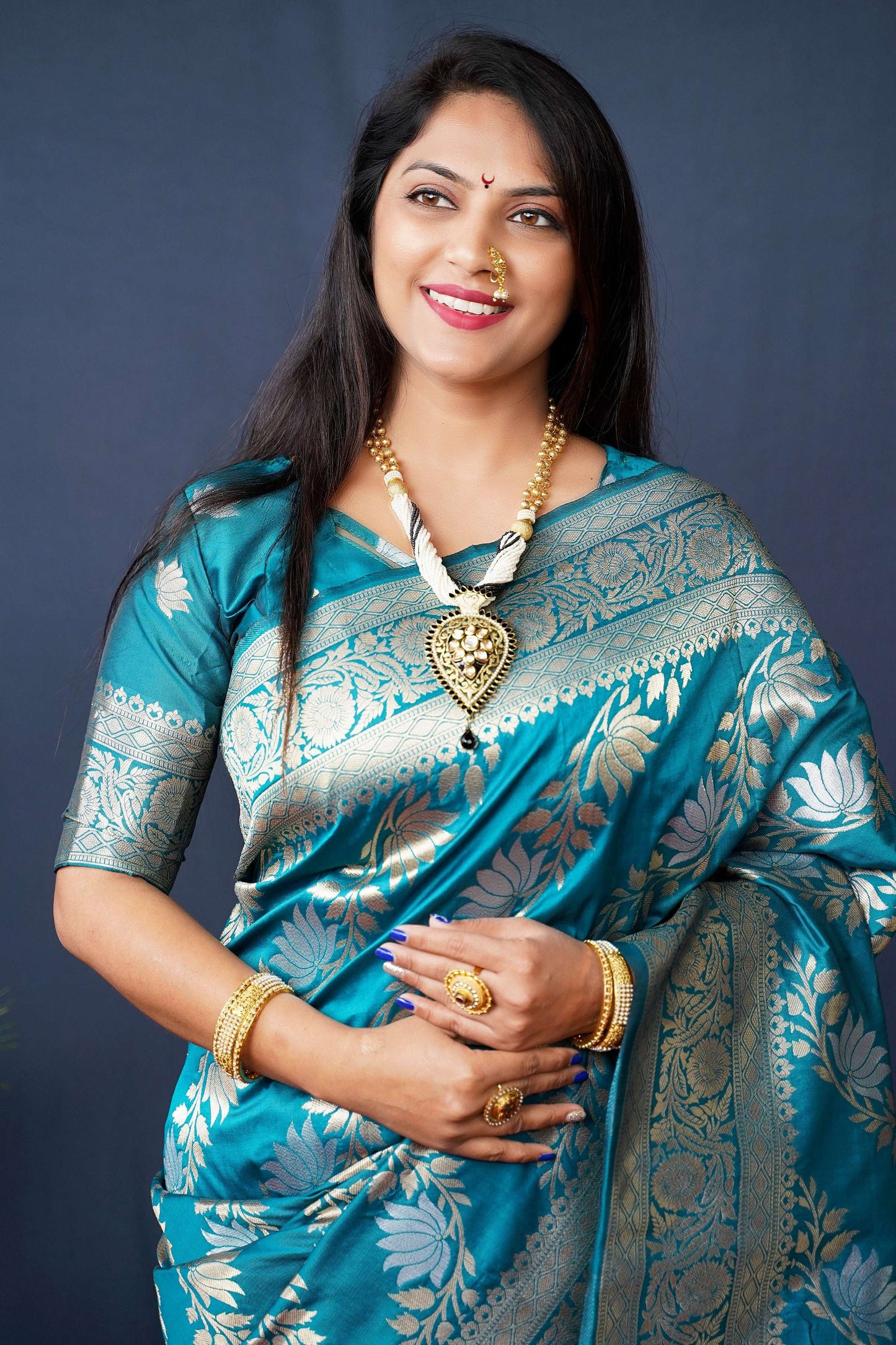 Jyoti Fashion Women's Teal Handloom Banarasi Silk Zari Woven Saree with Blouse | Swadesiicart