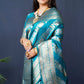 Jyoti Fashion Women's Teal Handloom Banarasi Silk Zari Woven Saree with Blouse | Swadesiicart