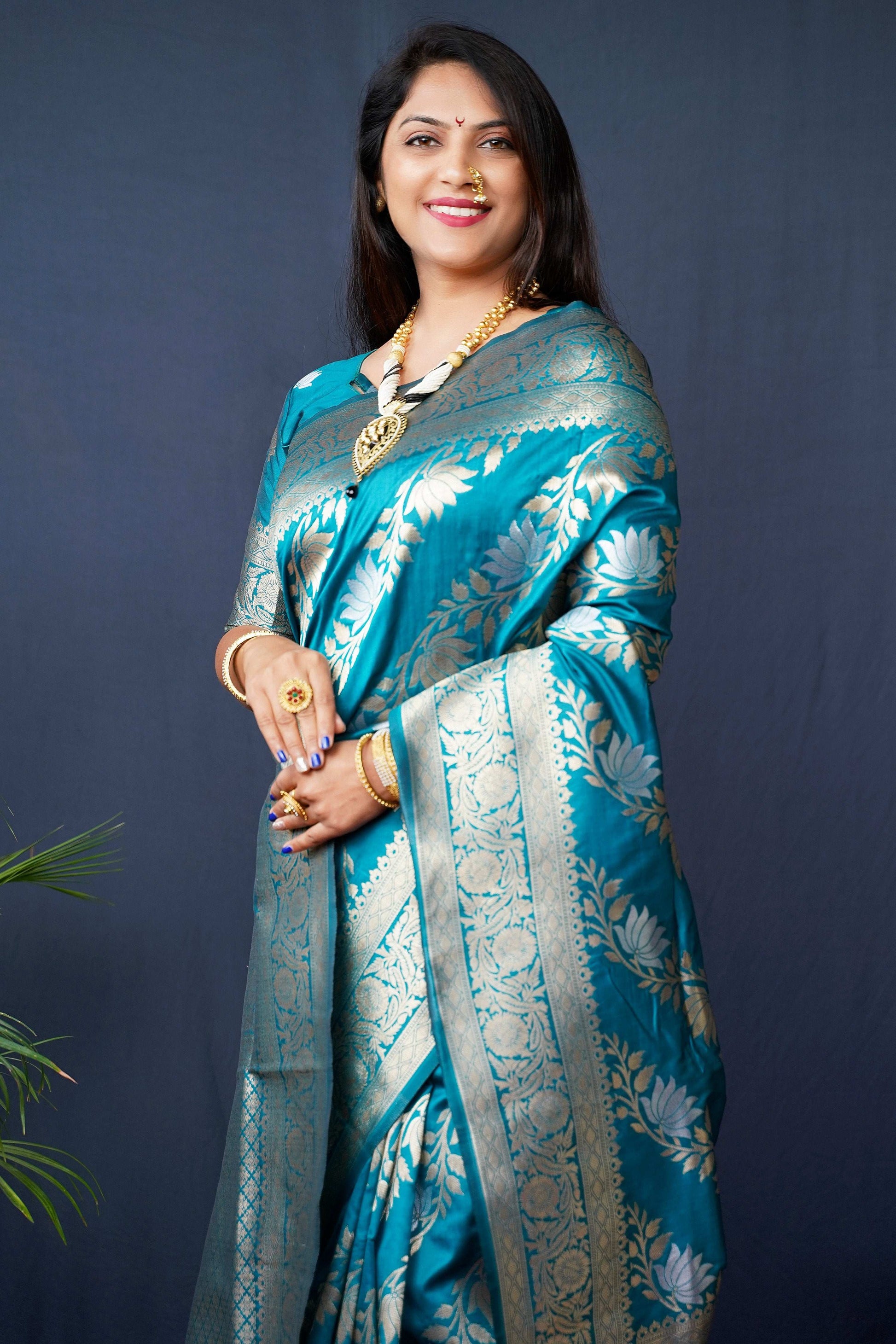Jyoti Fashion Women's Teal Handloom Banarasi Silk Zari Woven Saree with Blouse | Swadesiicart