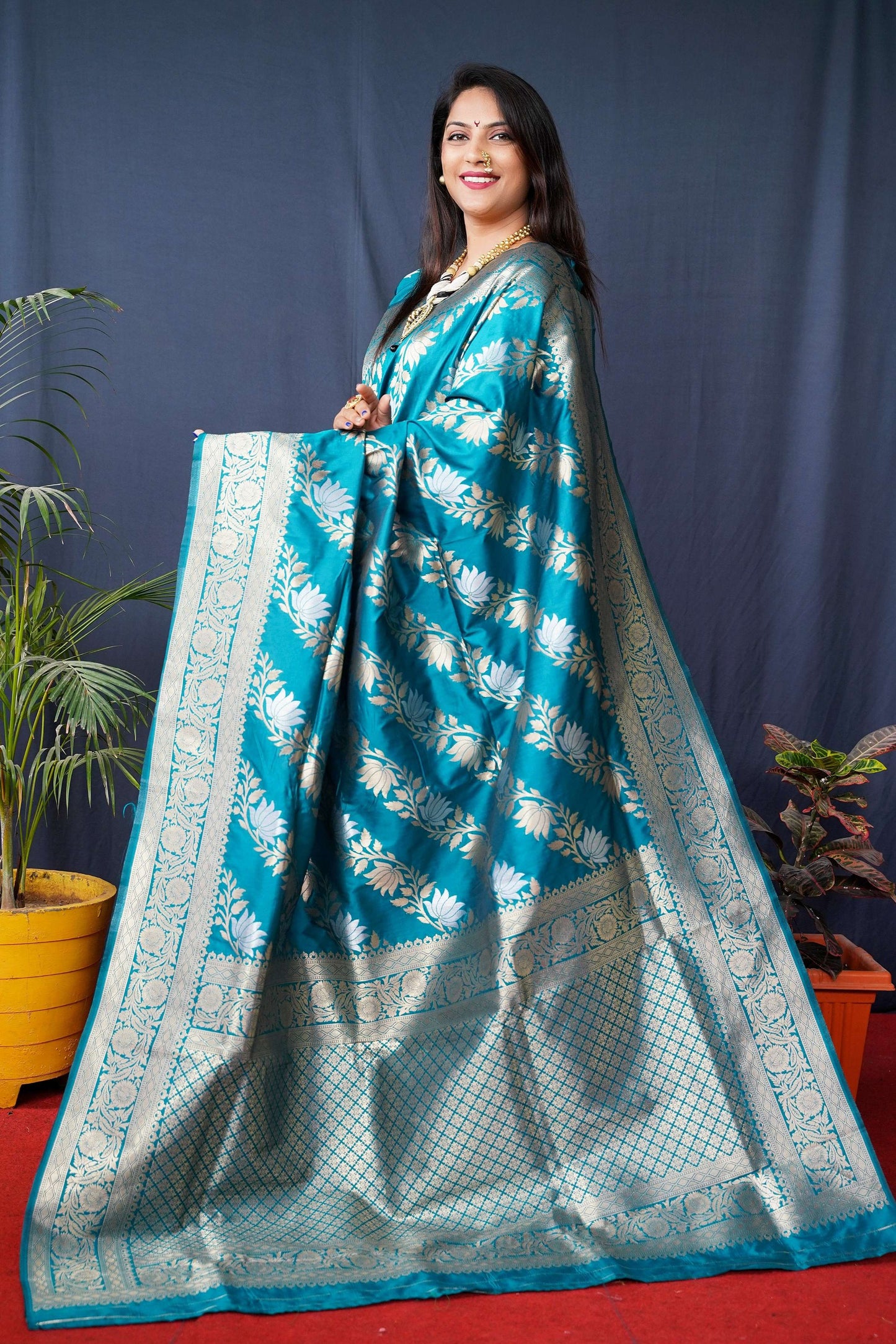 Jyoti Fashion Women's Teal Handloom Banarasi Silk Zari Woven Saree with Blouse | Swadesiicart