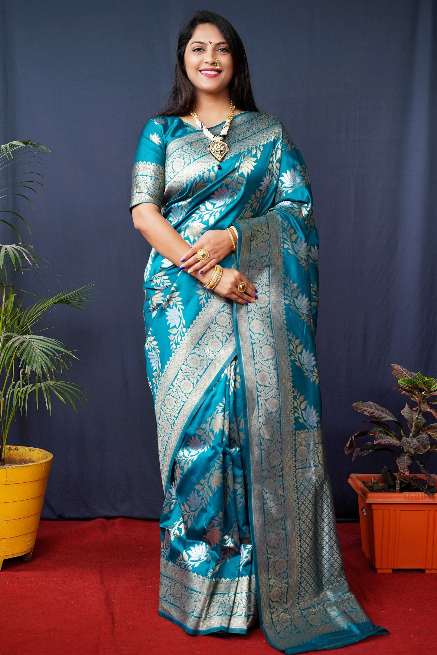 Jyoti Fashion Women's Teal Handloom Banarasi Silk Zari Woven Saree with Blouse | Swadesiicart