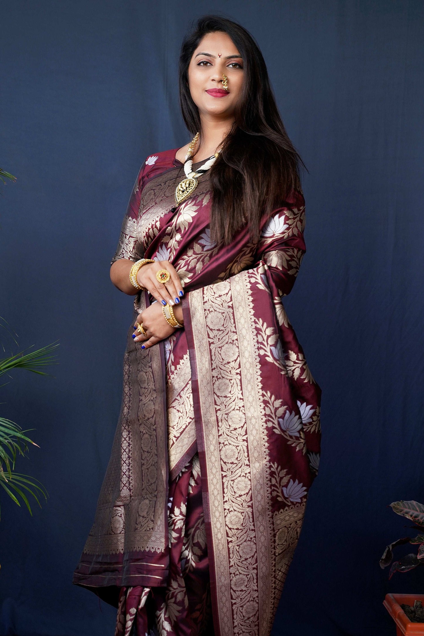 Jyoti Fashion Women's Maroon Handloom Banarasi Silk Zari Woven Saree with Blouse | Swadesiicart
