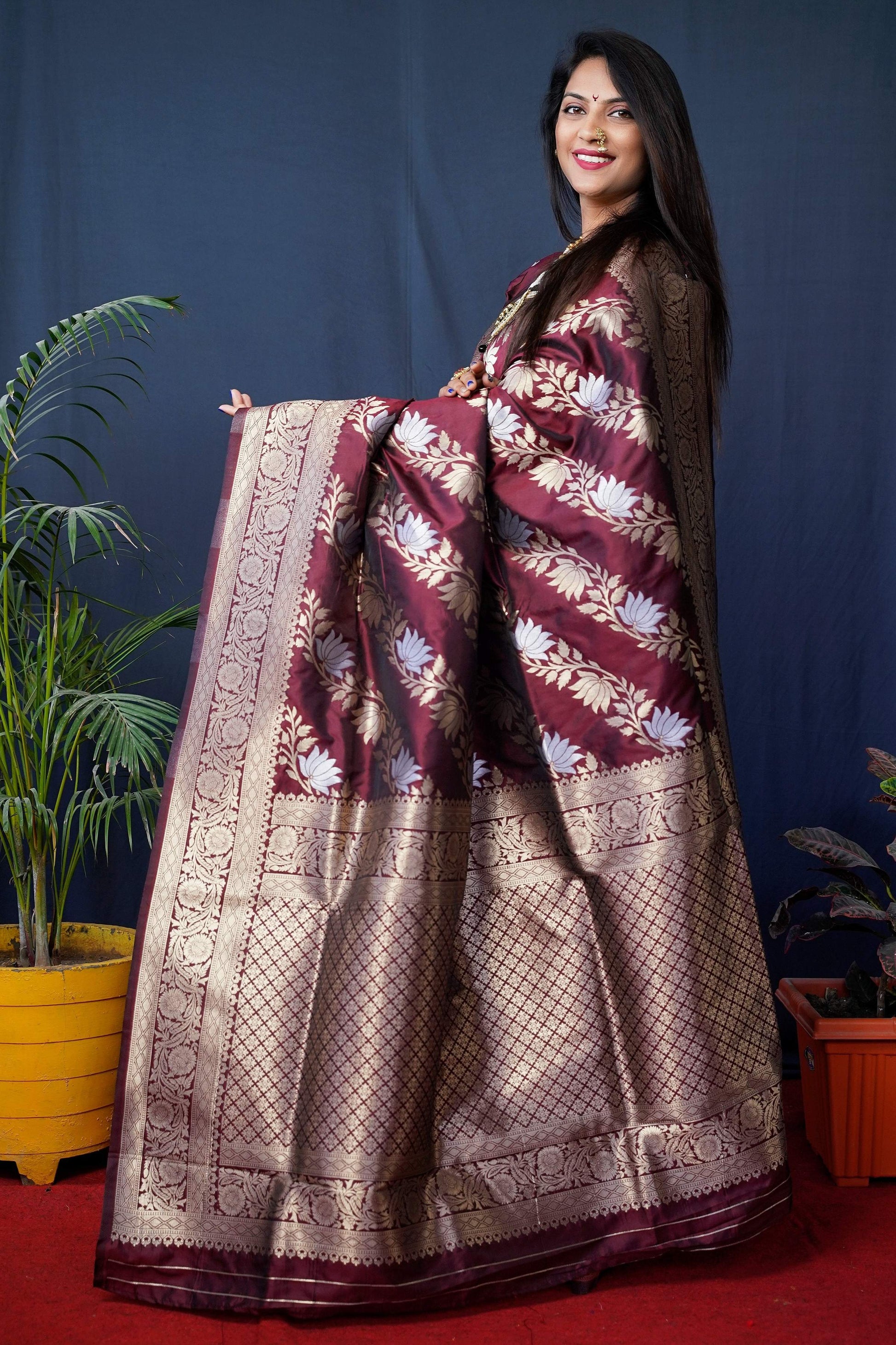 Jyoti Fashion Women's Maroon Handloom Banarasi Silk Zari Woven Saree with Blouse | Swadesiicart
