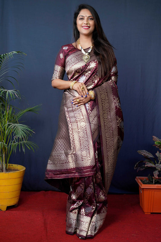 Jyoti Fashion Women's Maroon Handloom Banarasi Silk Zari Woven Saree with Blouse | Swadesiicart