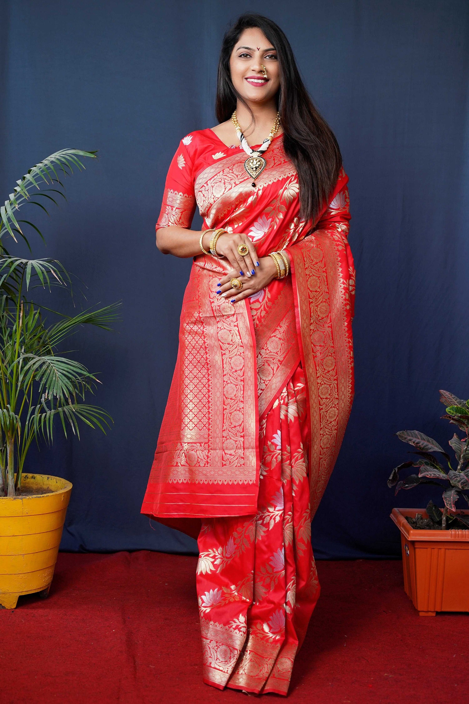 Jyoti Fashion Women's Red Handloom Banarasi Silk Zari Woven Saree with Blouse | Swadesiicart