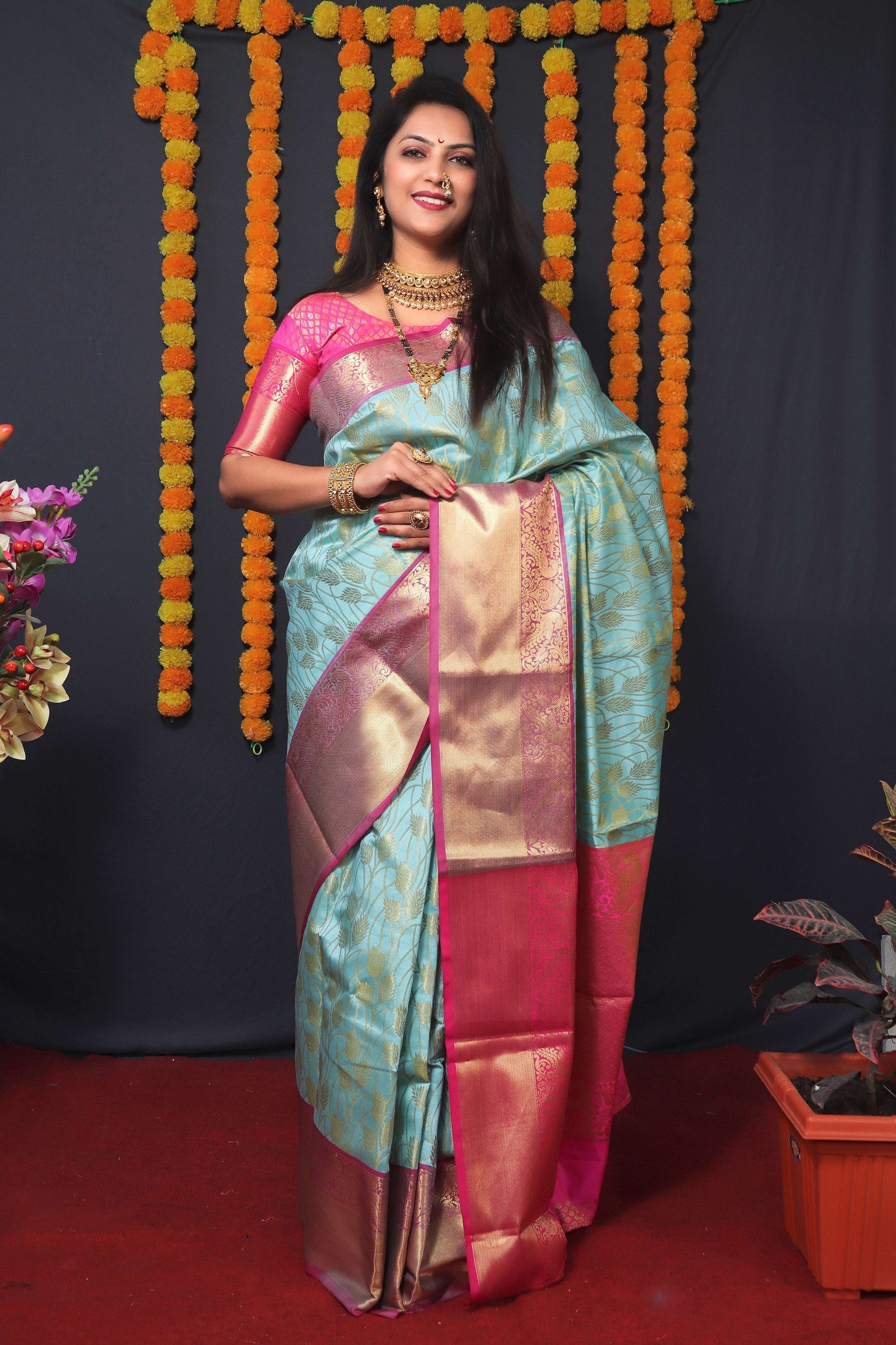 Jyoti Fashion Women's Sky Blue Kanchipuram Silk Zari Woven Saree with Blouse | Swadesiicart