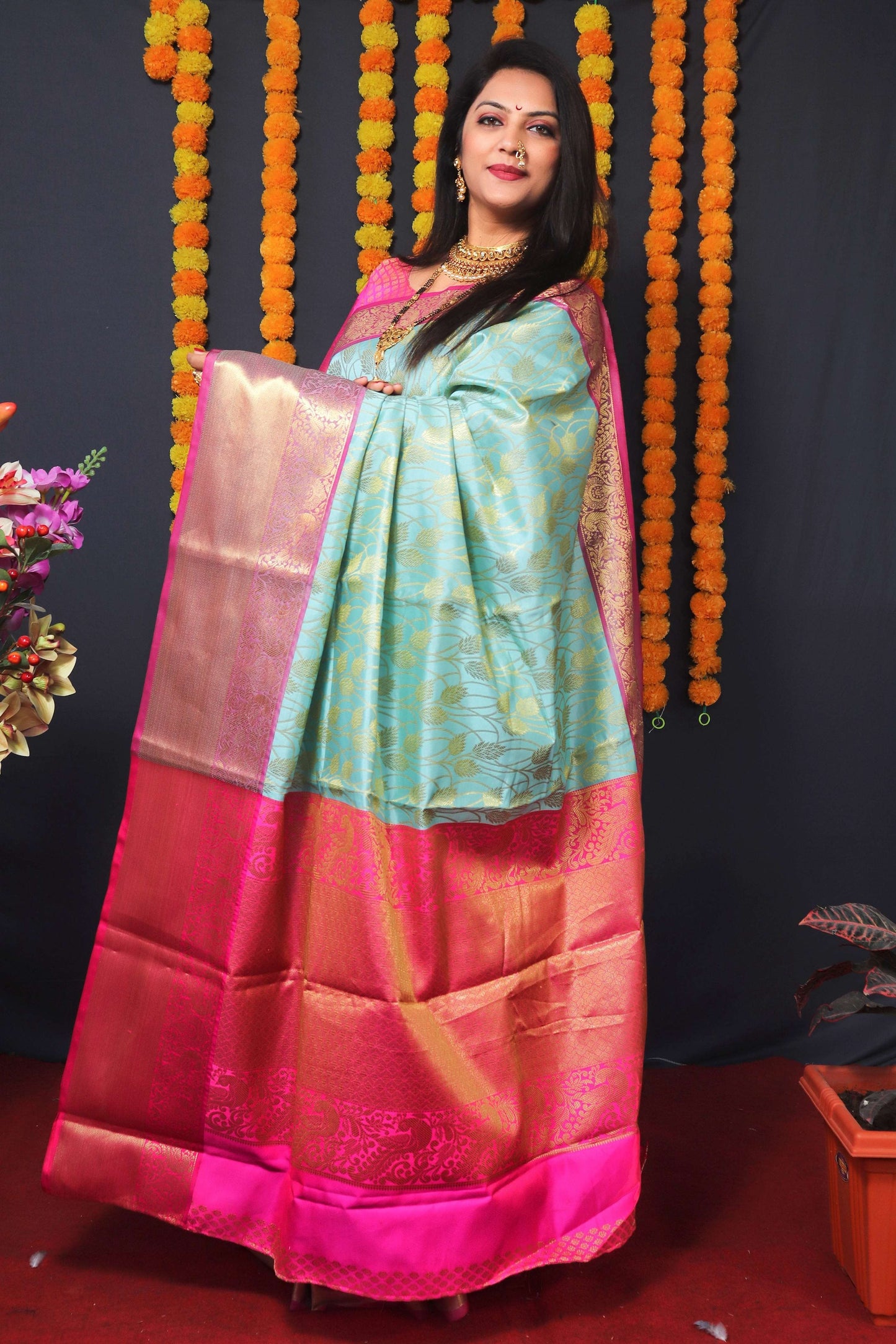 Jyoti Fashion Women's Sky Blue Kanchipuram Silk Zari Woven Saree with Blouse | Swadesiicart