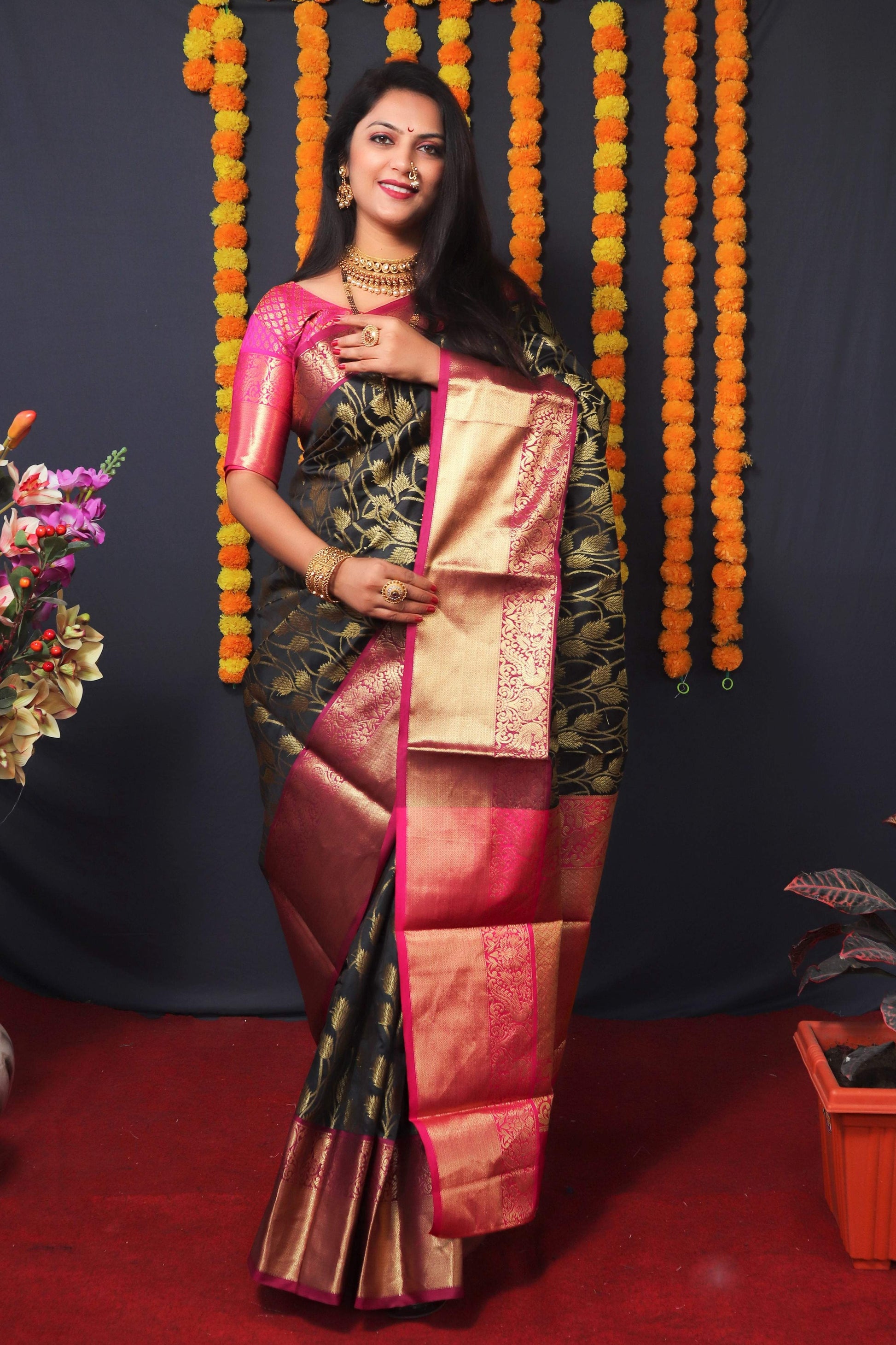 Jyoti Fashion Women's Black Kanchipuram Silk Zari Woven Saree with Blouse | Swadesiicart