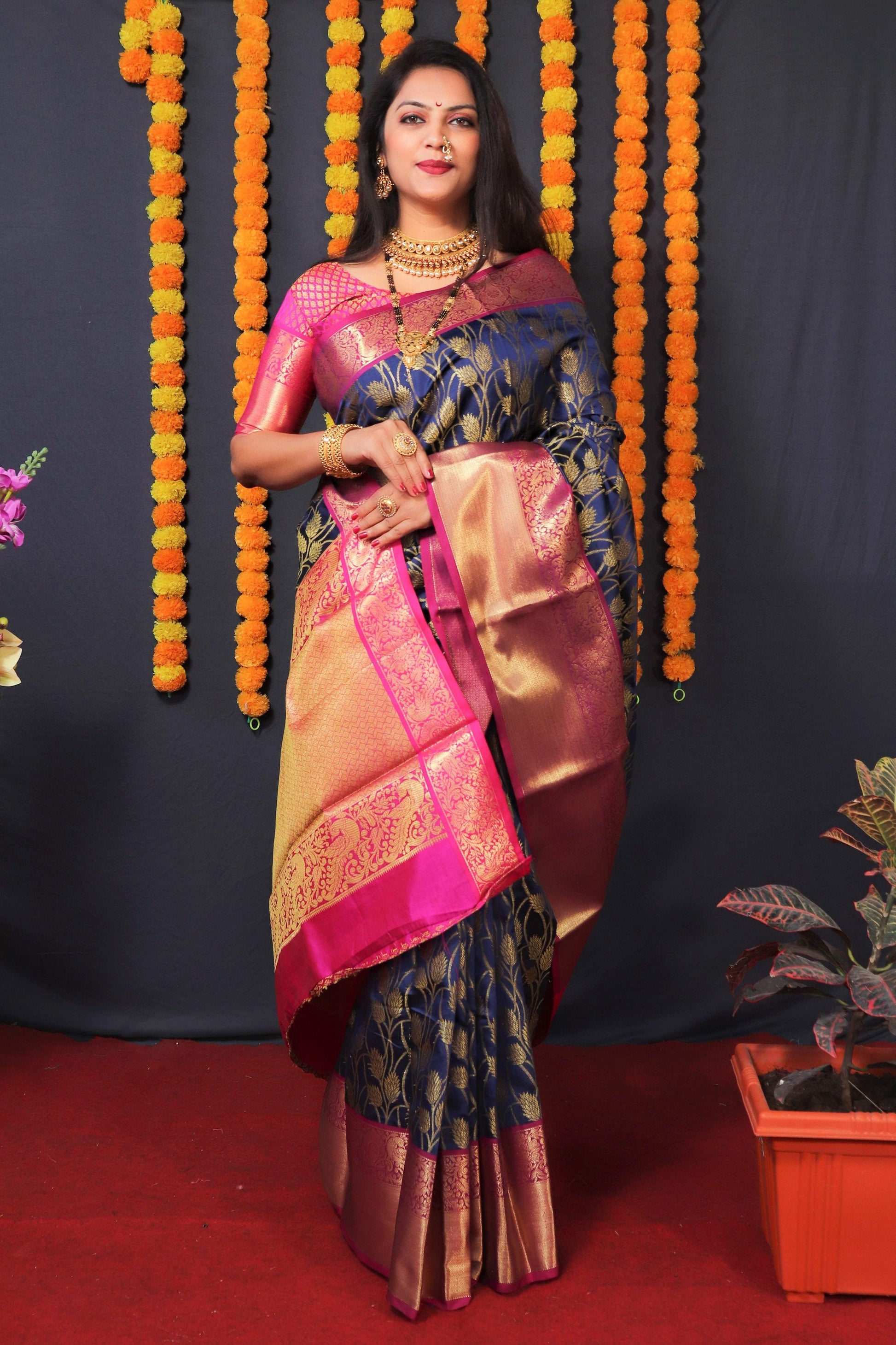 Jyoti Fashion Women's Navy Blue Kanchipuram Silk Zari Woven Saree with Blouse | Swadesiicart