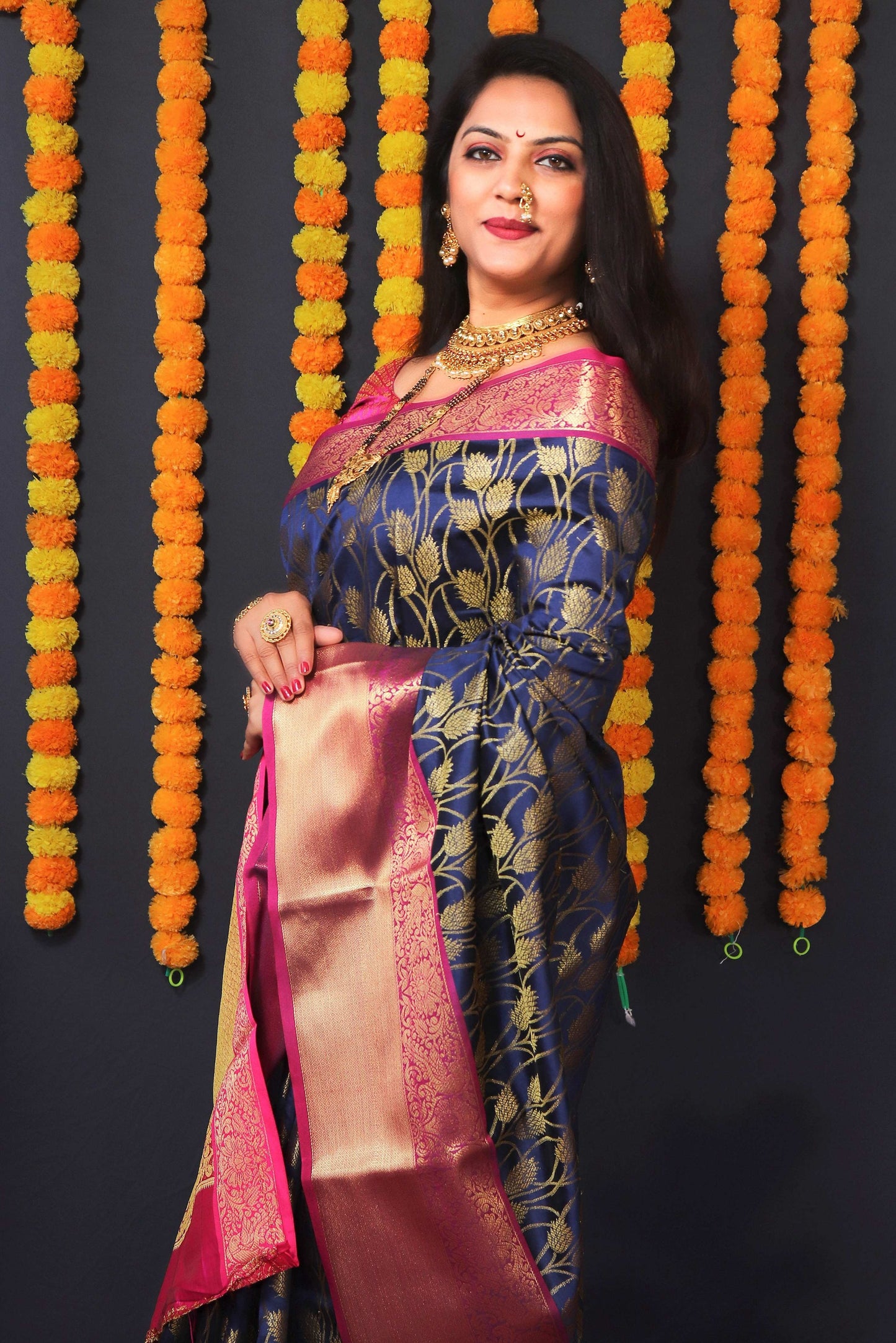 Jyoti Fashion Women's Navy Blue Kanchipuram Silk Zari Woven Saree with Blouse | Swadesiicart