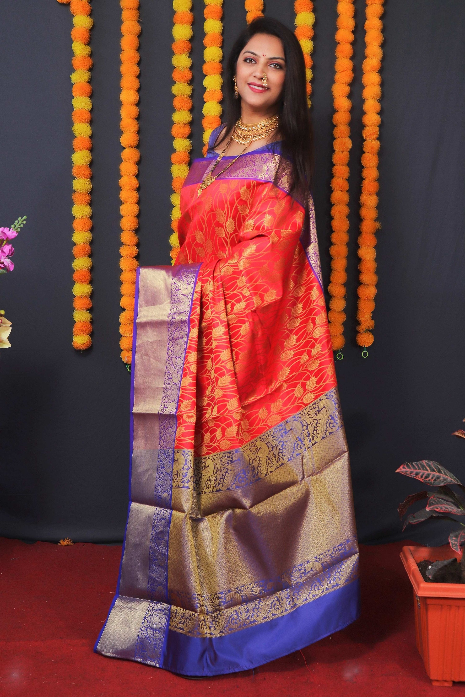 Jyoti Fashion Women's Red Kanchipuram Silk Zari Woven Saree with Blouse | Swadesiicart