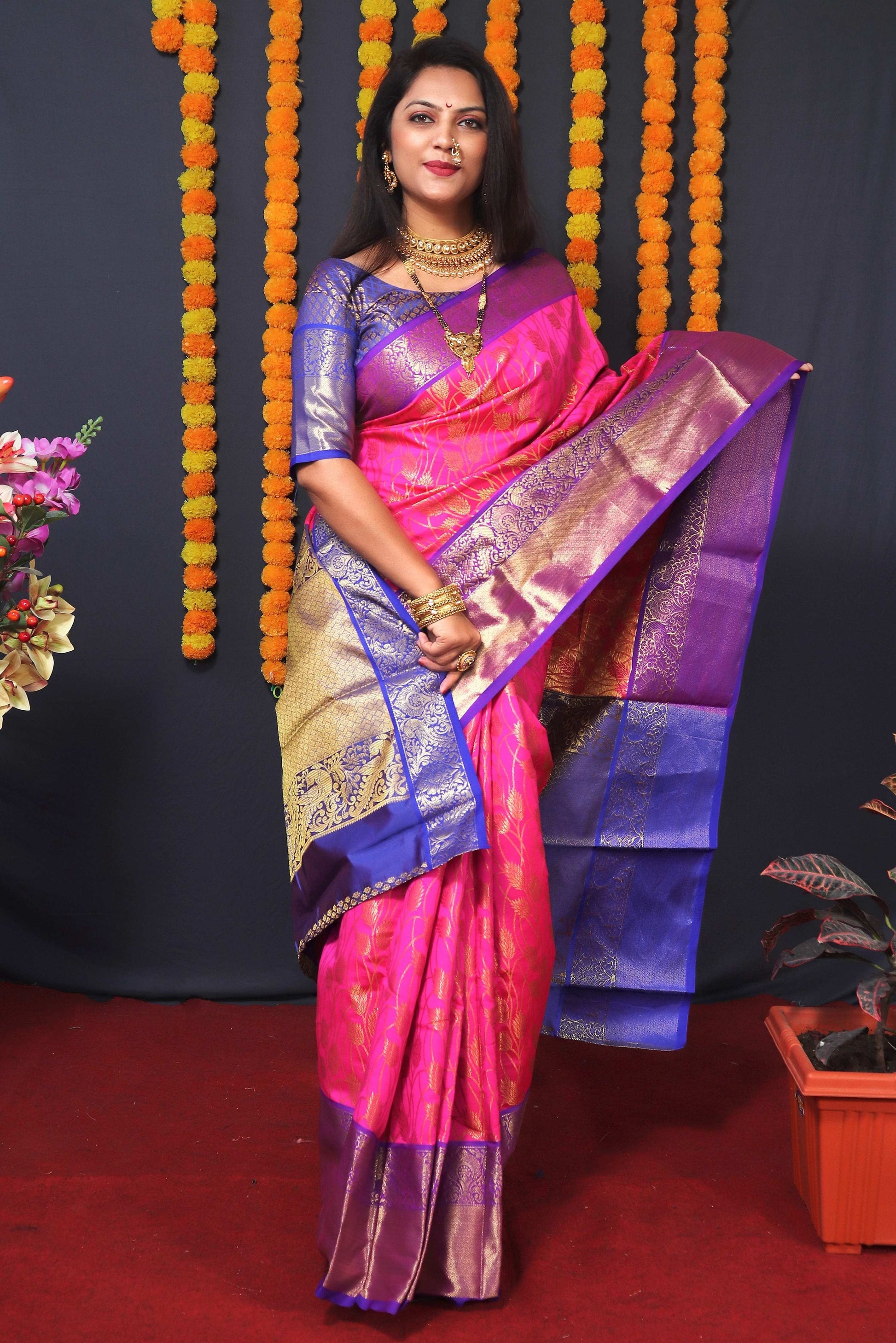 Jyoti Fashion Women's Pink Kanchipuram Silk Zari Woven Saree with Blouse | Swadesiicart