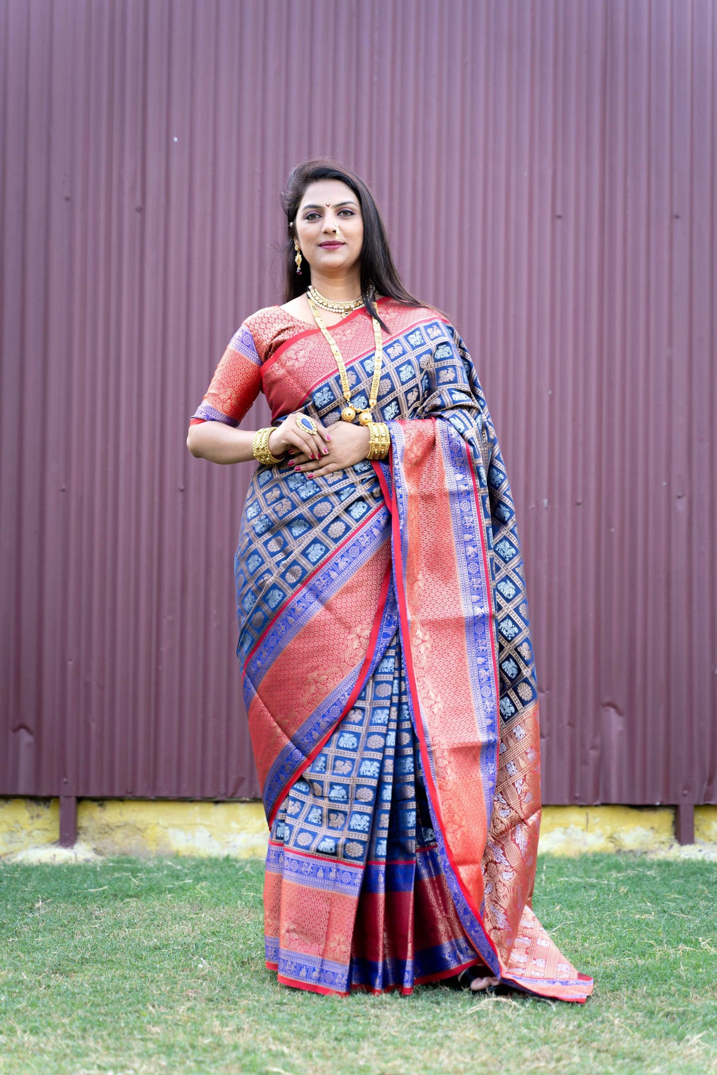Jyoti Fashion Women's Blue Kanchipuram Silk Zari Woven Saree with Blouse | Swadesiicart