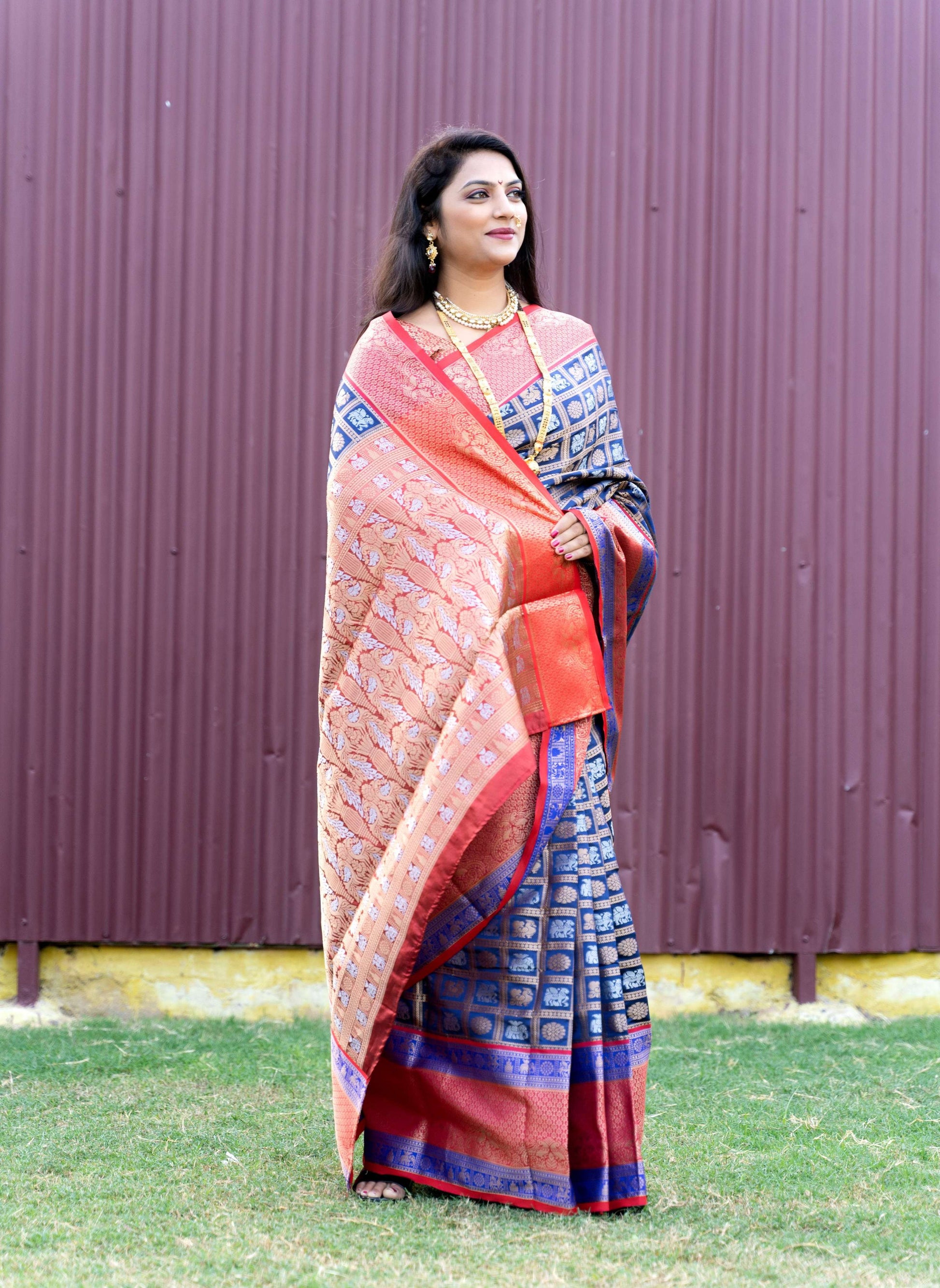 Jyoti Fashion Women's Blue Kanchipuram Silk Zari Woven Saree with Blouse | Swadesiicart
