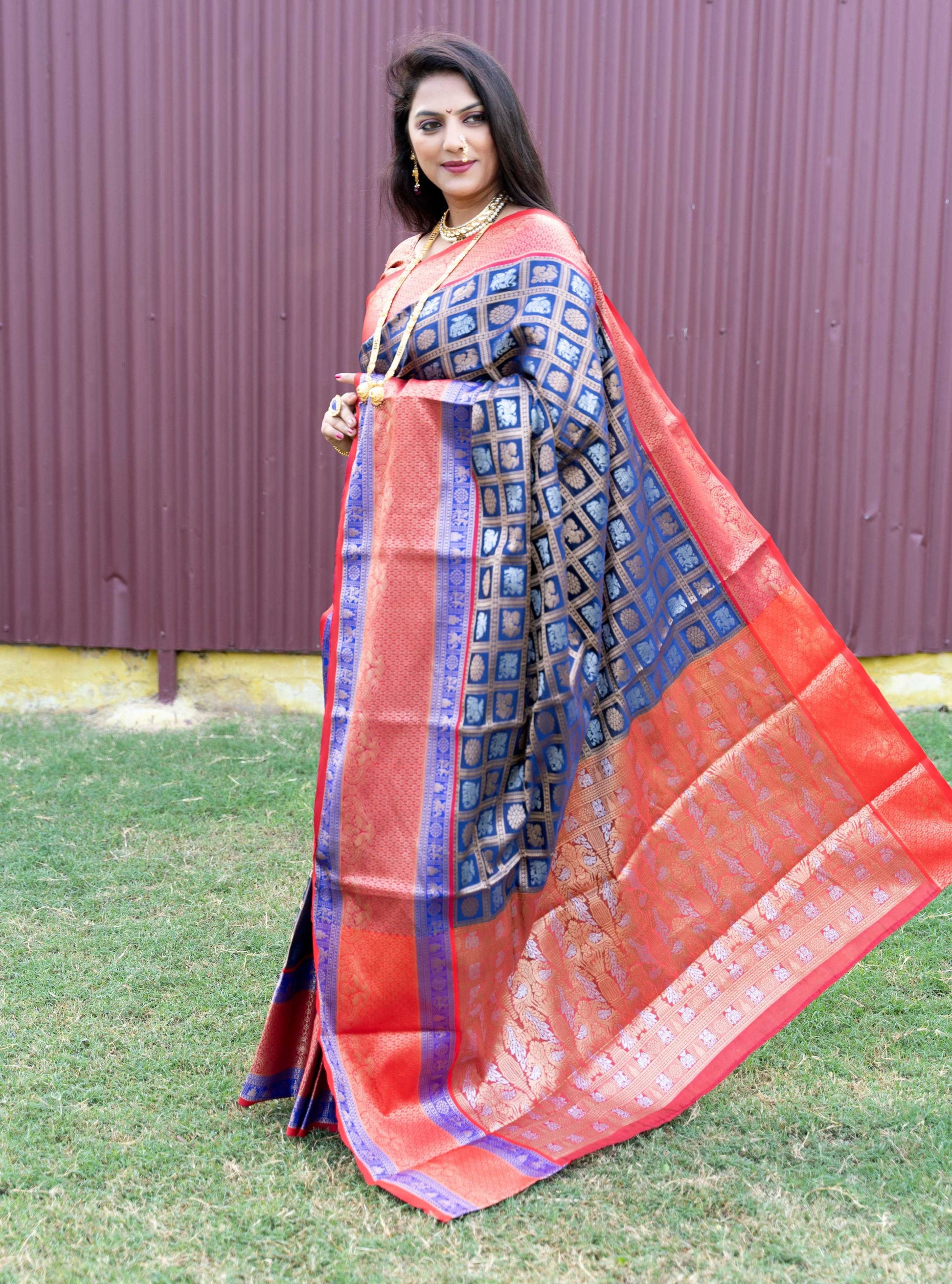 Jyoti Fashion Women's Blue Kanchipuram Silk Zari Woven Saree with Blouse | Swadesiicart