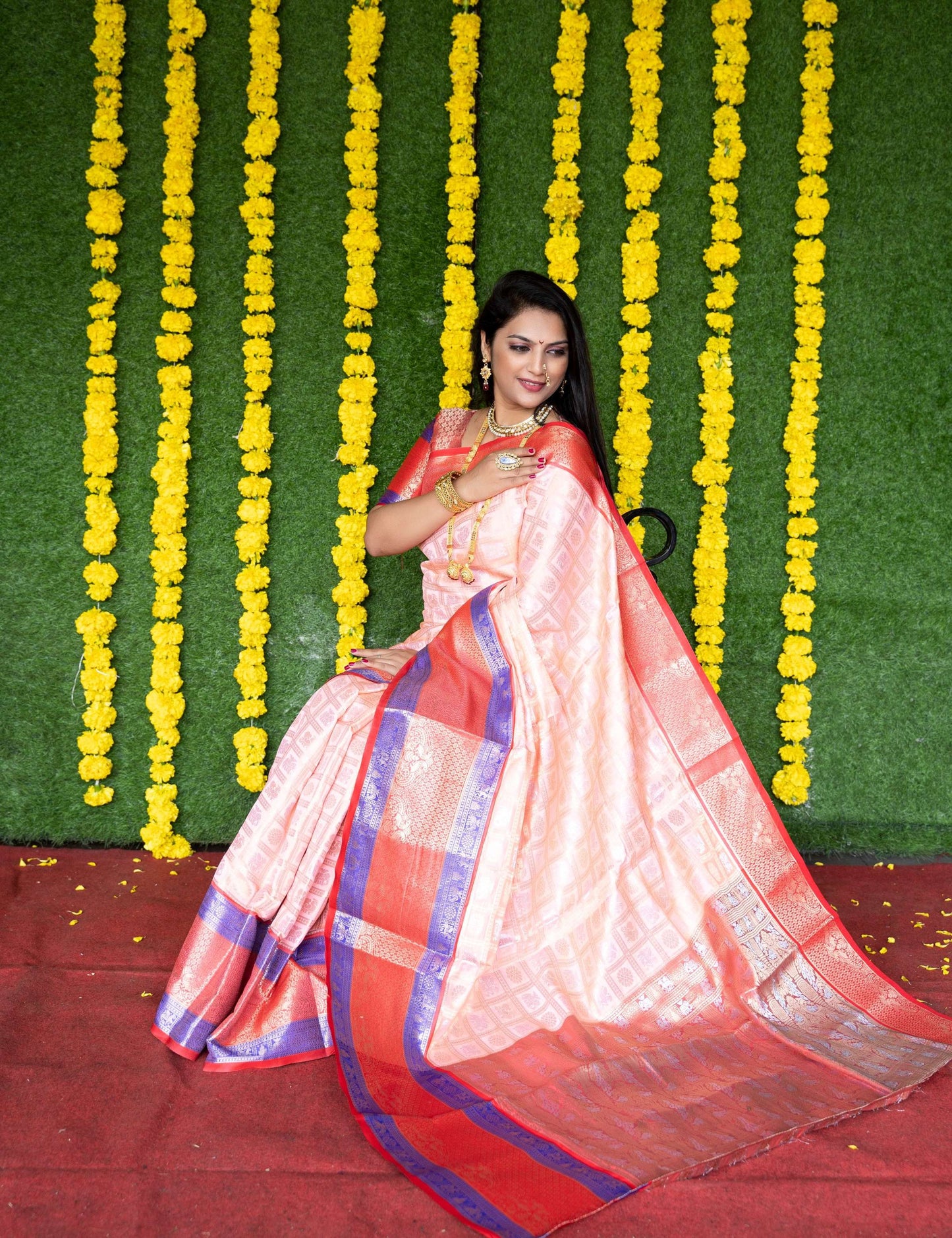 Jyoti Fashion Women's Peach Kanchipuram Silk Zari Woven Saree with Blouse | Swadesiicart