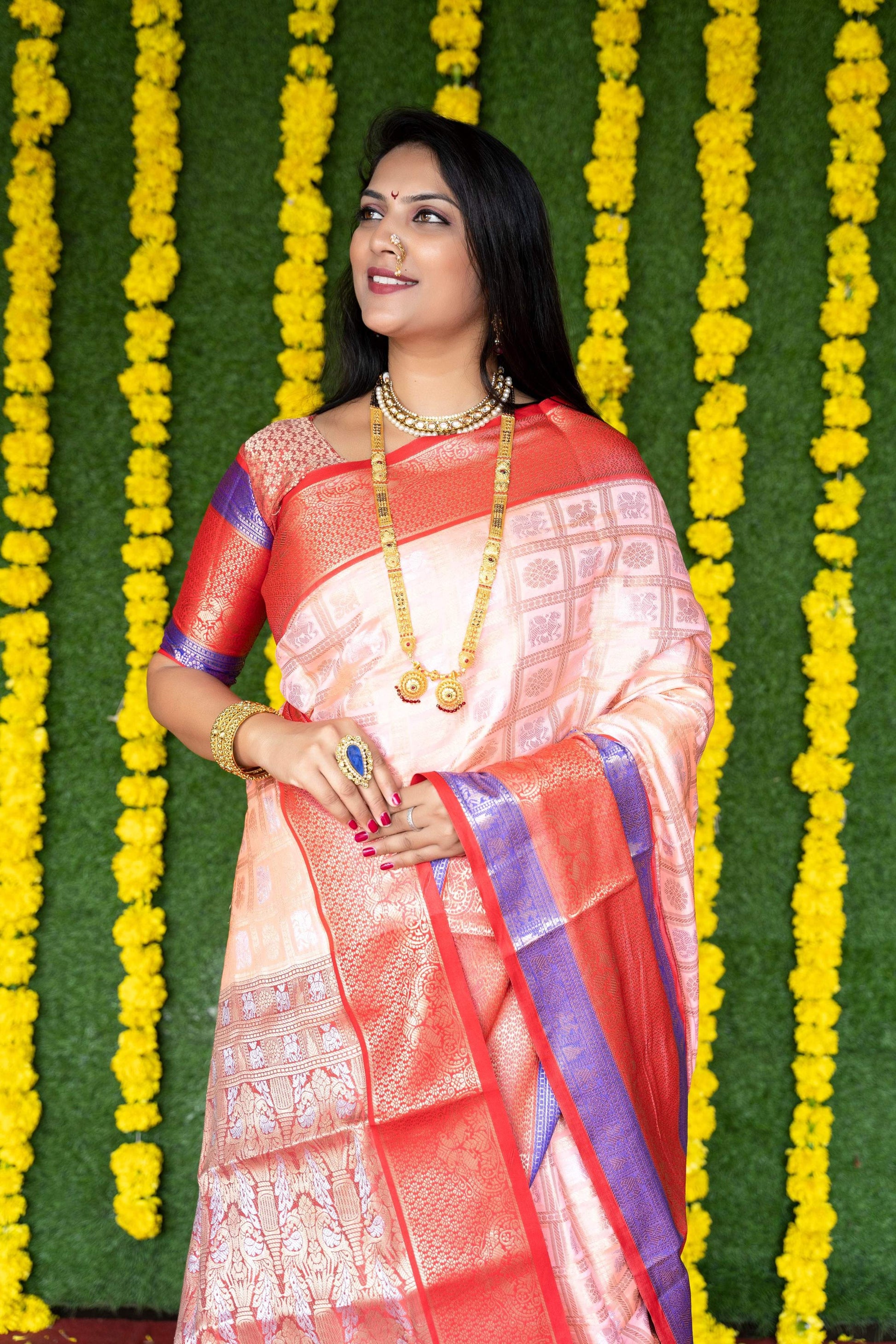 Jyoti Fashion Women's Peach Kanchipuram Silk Zari Woven Saree with Blouse | Swadesiicart