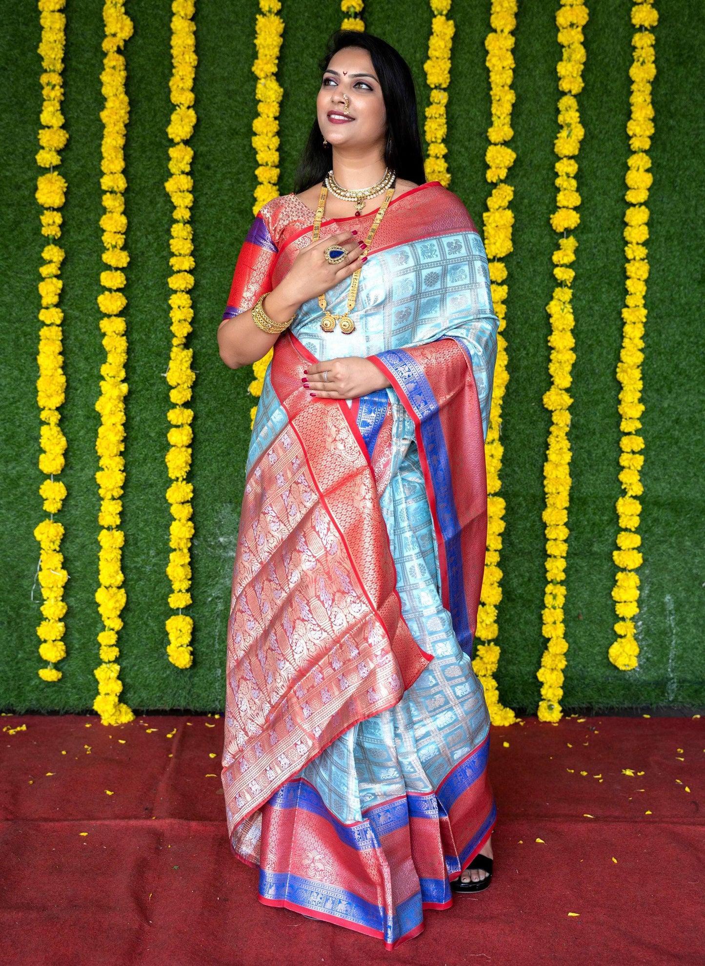 Jyoti Fashion Women's Sky Blue Kanchipuram Silk Zari Woven Saree with Blouse | Swadesiicart