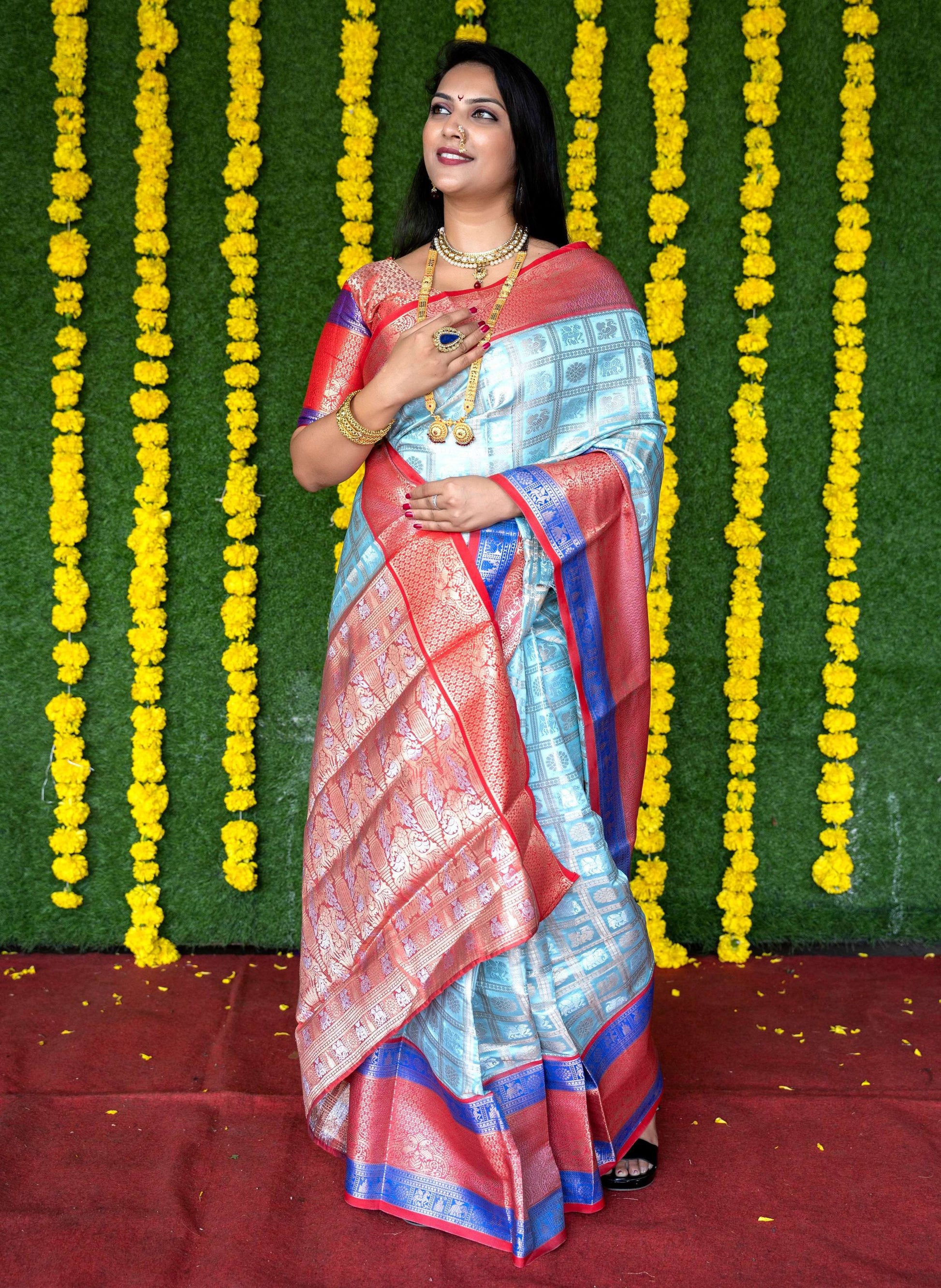 Jyoti Fashion Women's Sky Blue Kanchipuram Silk Zari Woven Saree with Blouse | Swadesiicart
