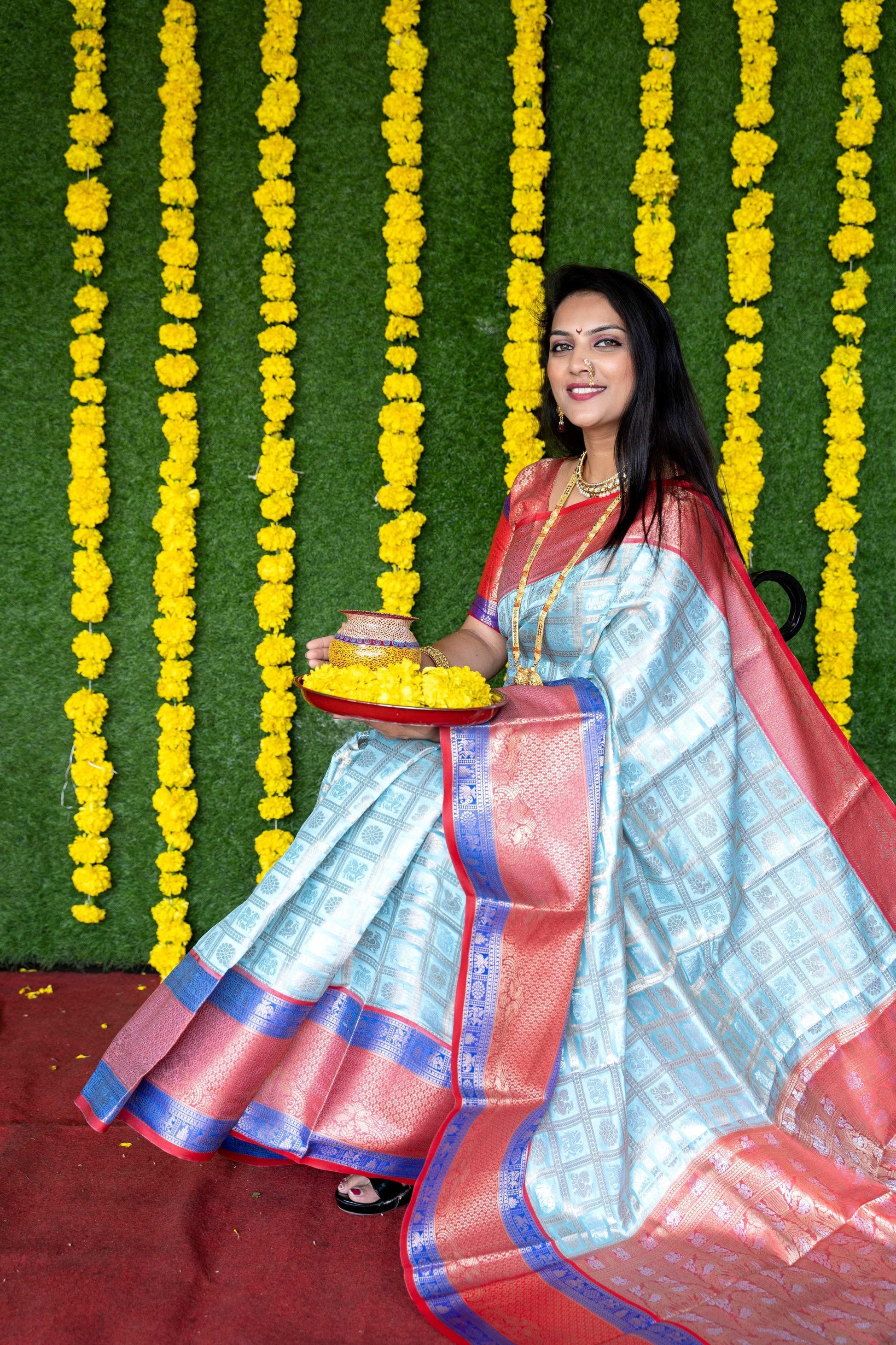Jyoti Fashion Women's Sky Blue Kanchipuram Silk Zari Woven Saree with Blouse | Swadesiicart